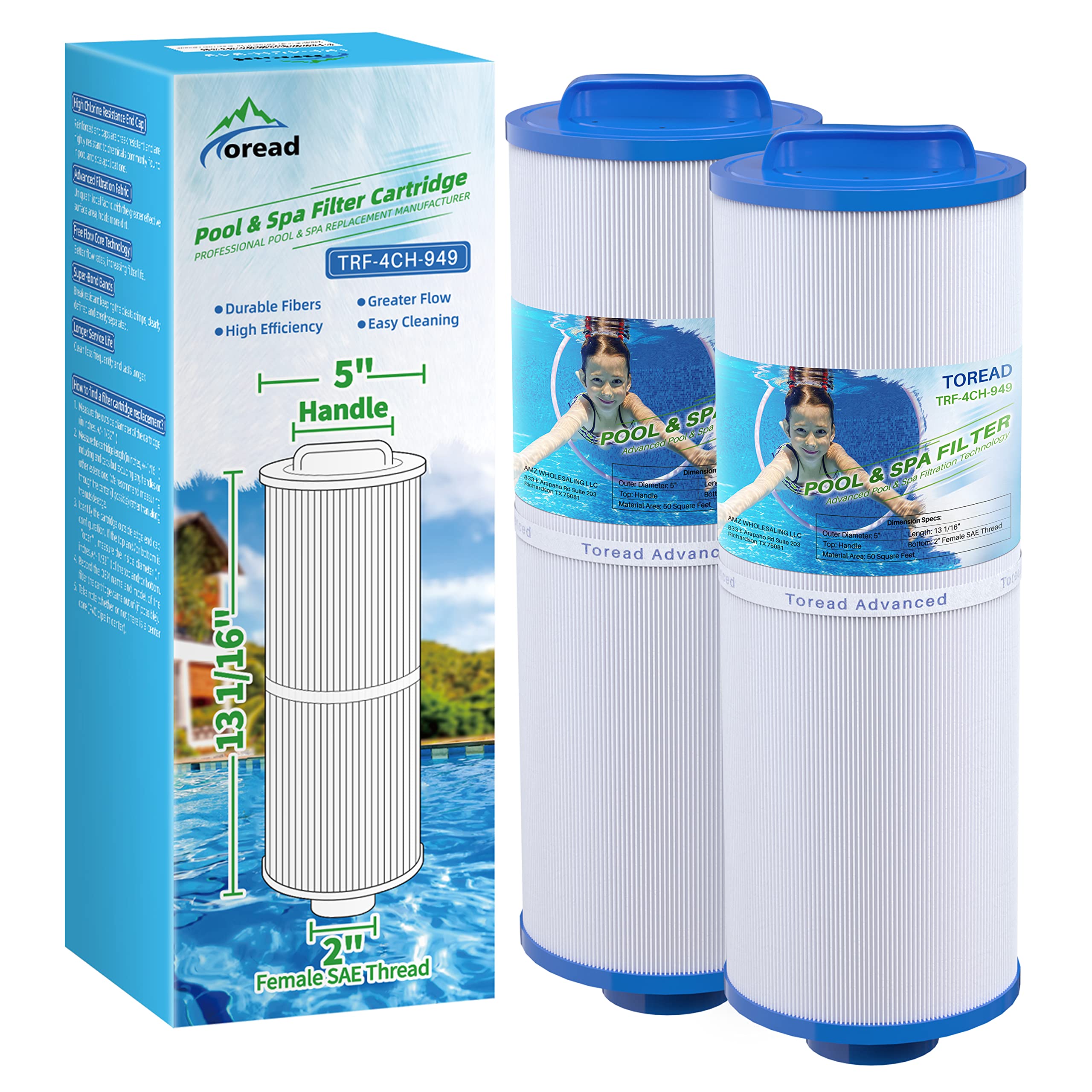 TOREAD 4CH-949 Spa Filter Replaces PWW50L, FIL50-5D13H15FCT-3, Filbur FC-0172, SD-01143, 817-4050, Rising Dragon 50, Waterway Teleweir 50 sqft Filter Cartridge 2PACK