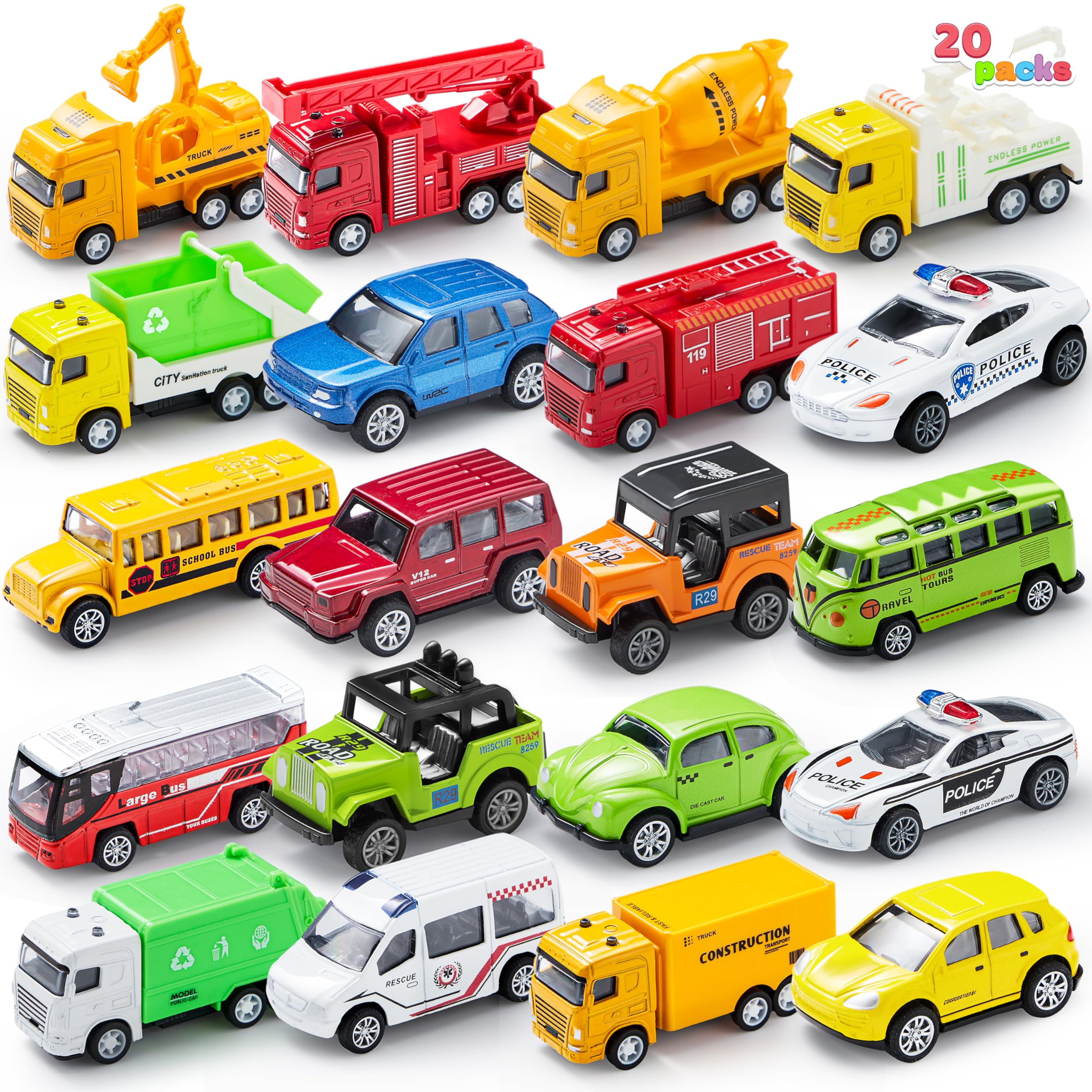 JOYIN 20PCS Die Cast Metal Pull Back Toy Cars, Vehicle Set for Toddlers, Child Party Favors, Cake Toppers, Stocking Stuffers, Race Cars for Boys, Gift Set for Babies