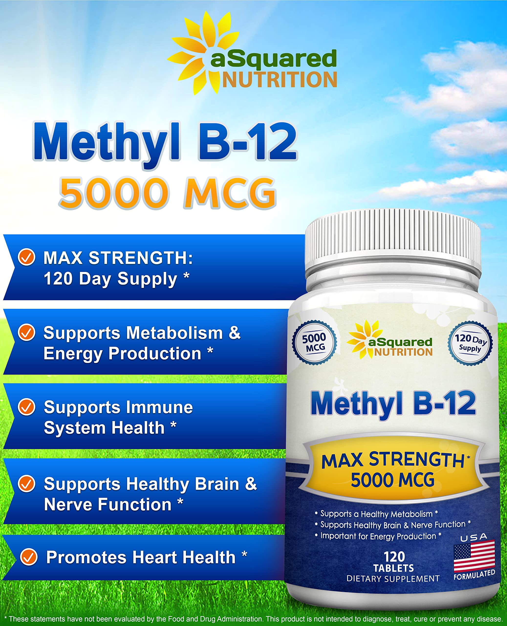 aSquared Nutrition Vitamin B12-5000 MCG Supplement with Methylcobalamin (Methyl B-12) - Max Strength Vitamin B 12 Support to Help Boost Natural Energy, Benefit Brain & Heart Function - 120 Tablets