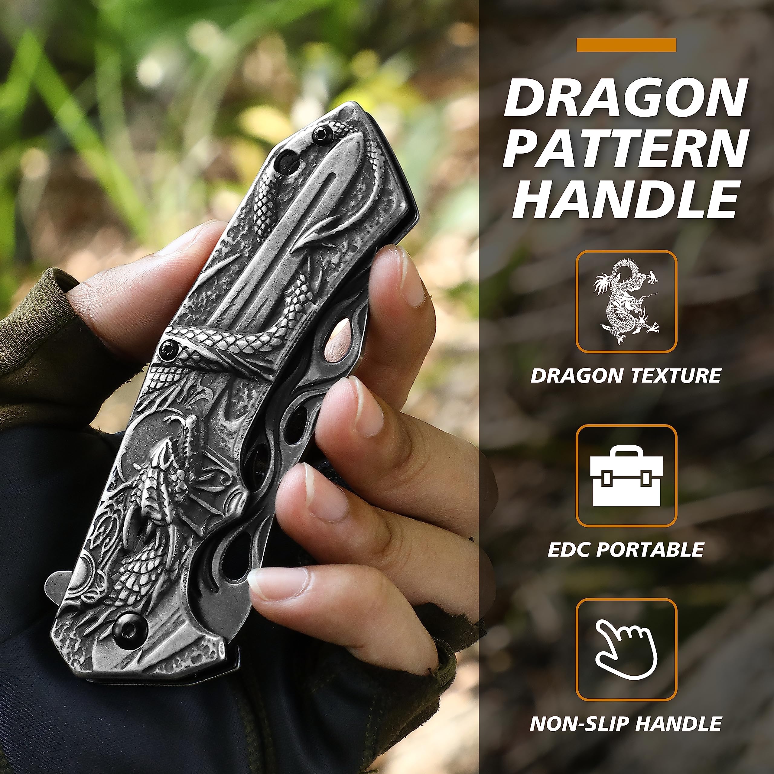 ohmonlyhoo Pocket Knife,3.5 inch Folding Knife with Dragon Pattern Handle,EDC Knife with Pocket Clip for Men and Women