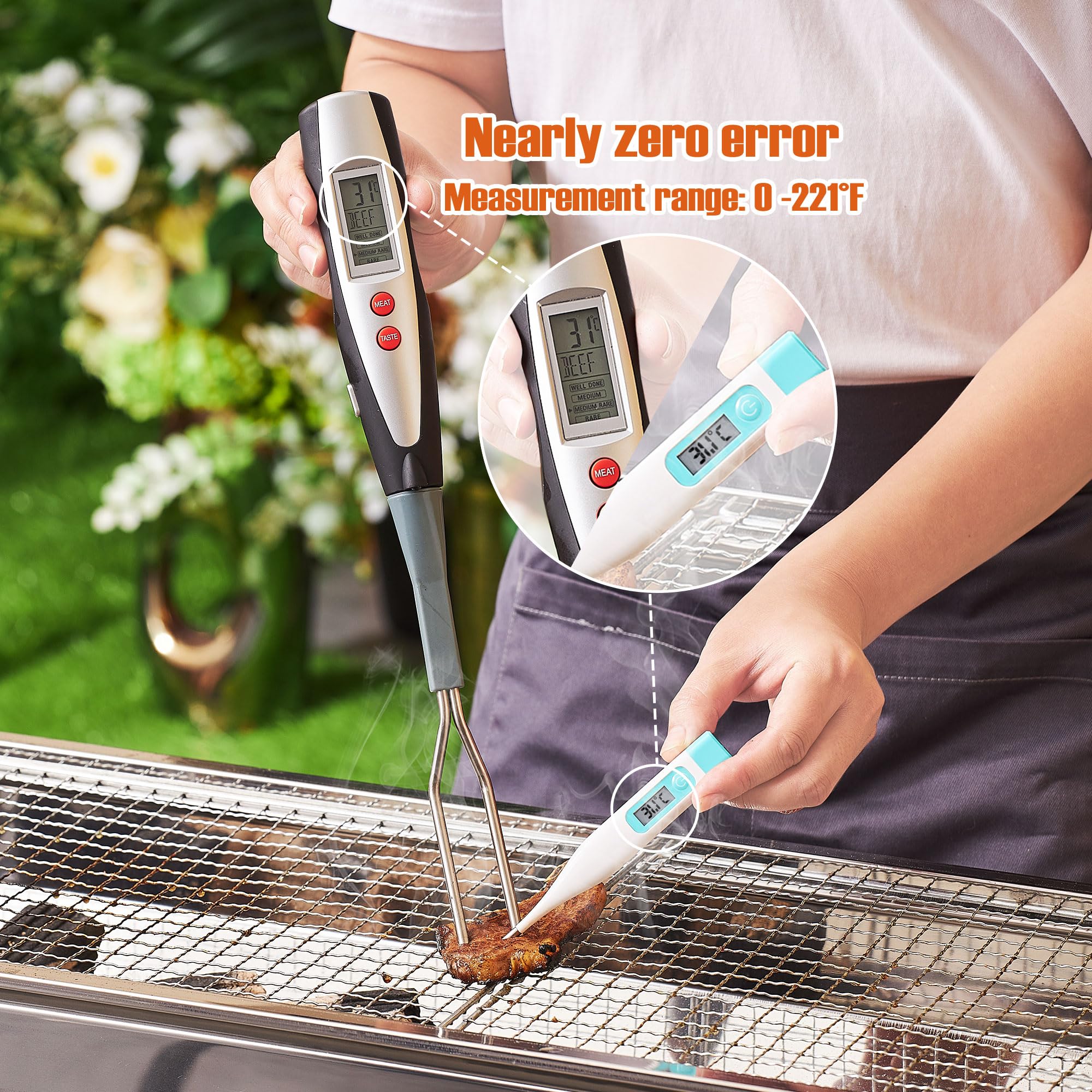 lfcforldx Meat Thermometer Fork with Electronic Ready Alarm, Digital Cooking Thermometer with Instant Read, LCD Display and Led Light, Grill Thermometers for BBQ Grilling Gadgets Steak Pork, Black