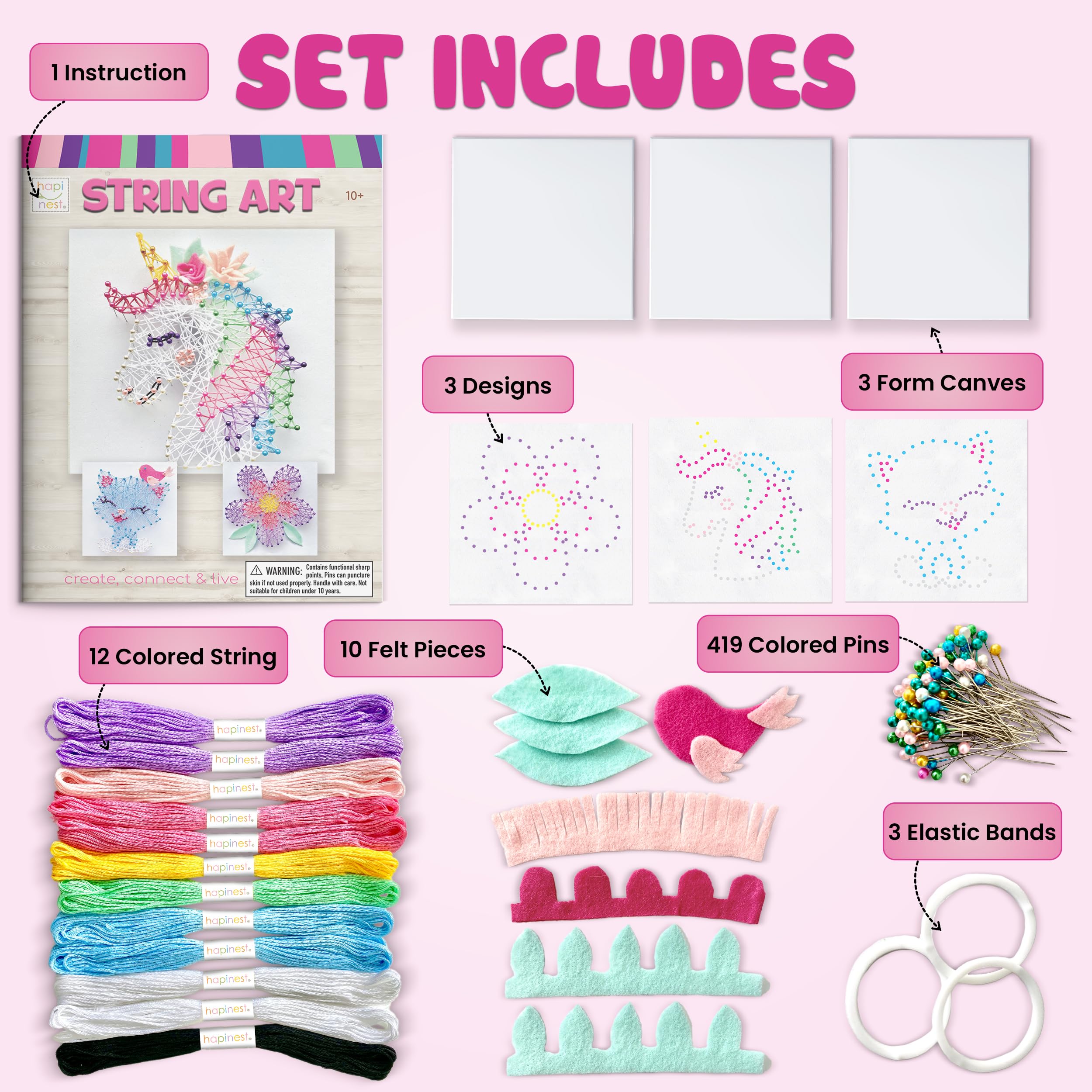 Hapinest String Art Craft Kit for Kids Ages 10-12 and Up, 3D String Art Kit Crafts for Teens, Birthday Gifts for Tween Girls Ages 10 11 12 Years Old and Up, Makes 3 Designs - Unicorn, Cat, and Flower