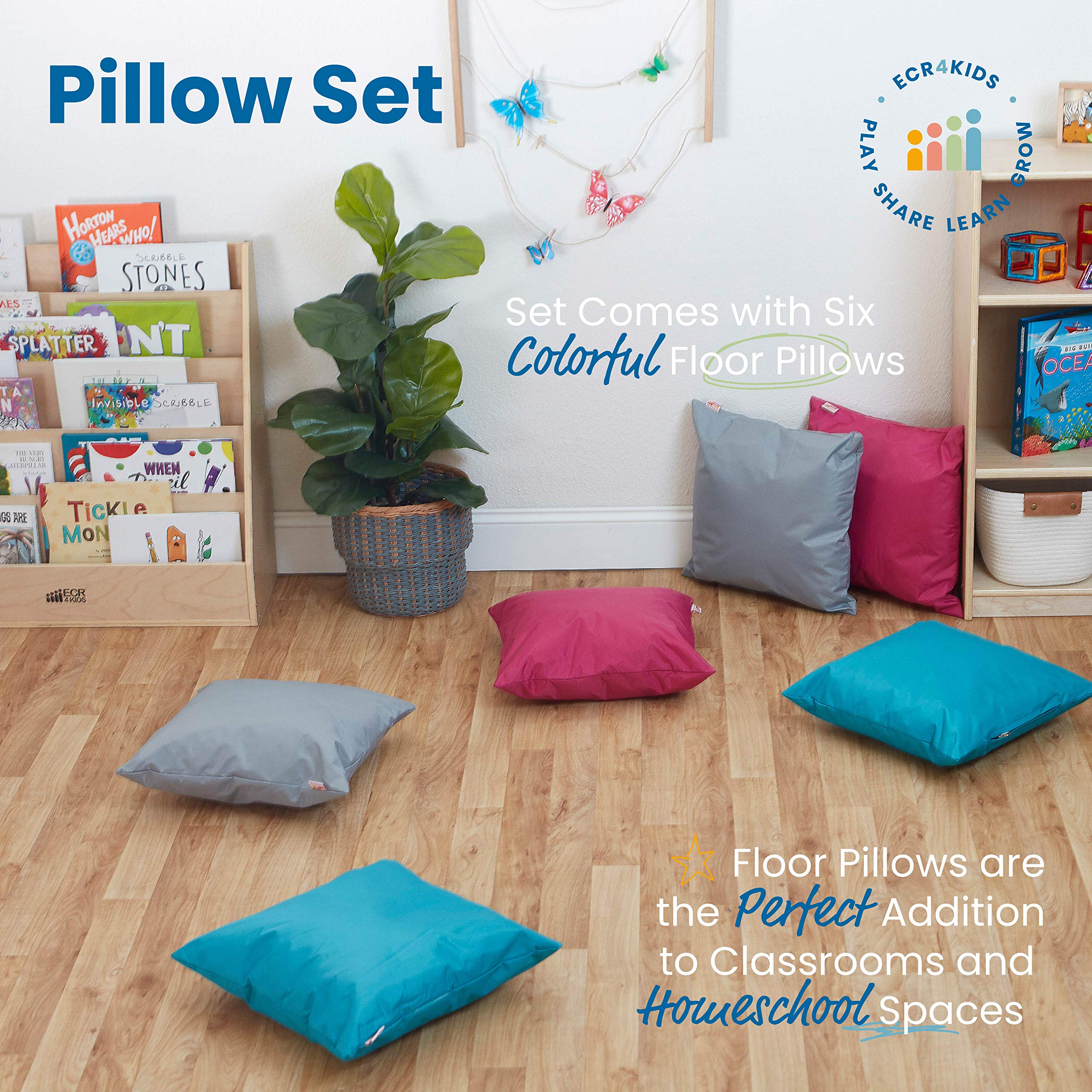 ECR4Kids Floor Pillow Set, 17in, Flexible Seating, Assorted, 6-Piece