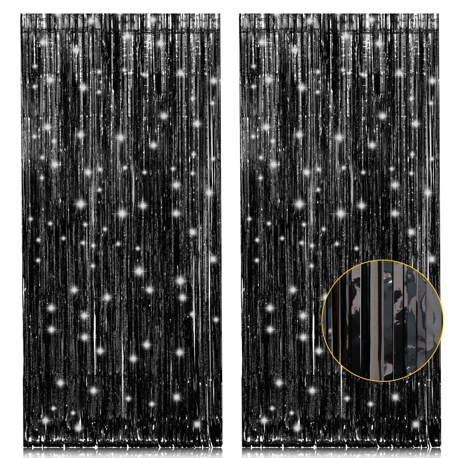 2 Pack 3.2ft x 8.2ft Black Tinsel Foil Fringe Curtains, Metallic Foil Tinsel Photo Booth Backdrop Streamer for New Years Decorations Halloween Bachelorette Birthday Holiday Celebration Party Supplies