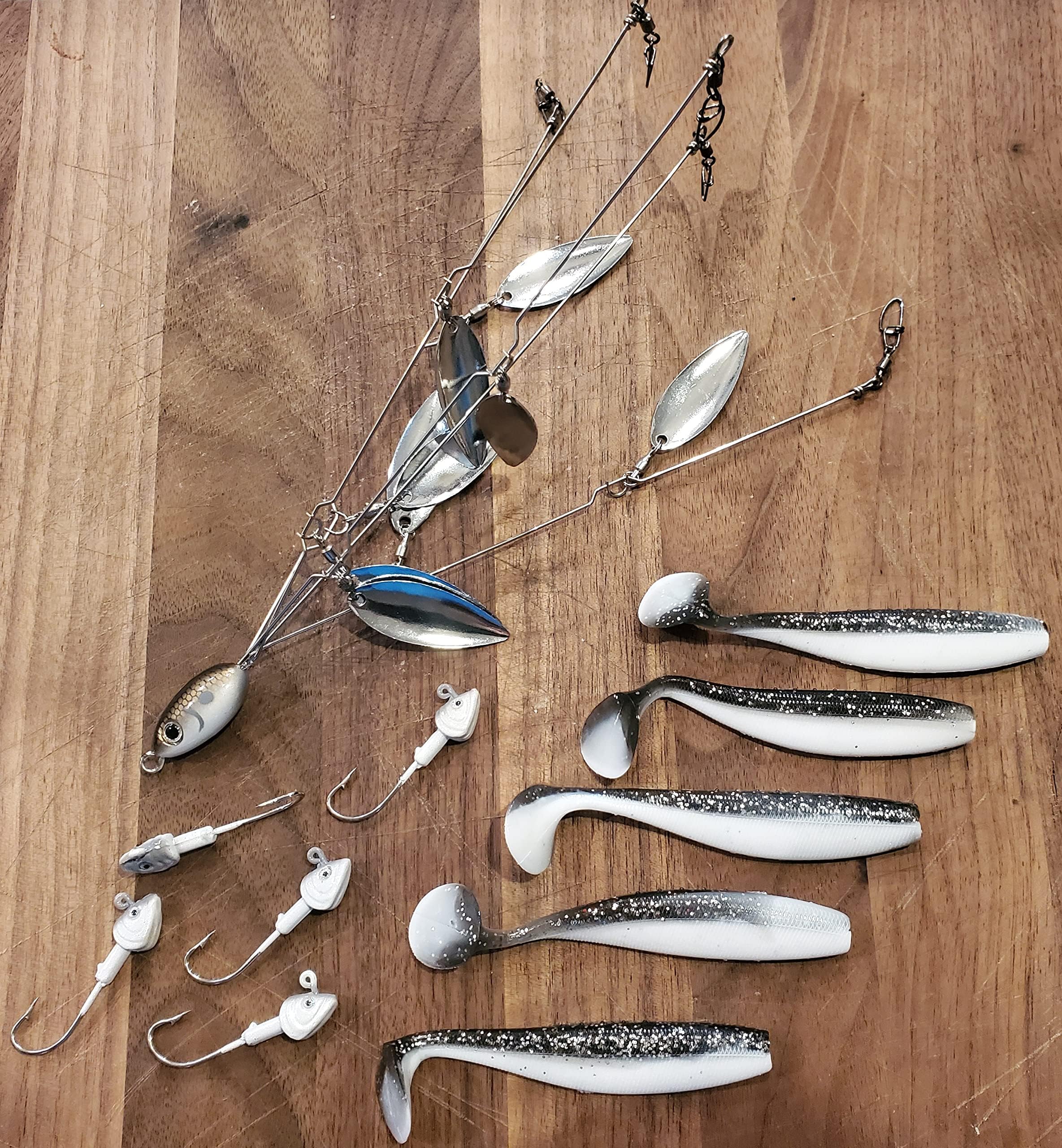 Fishing Vault Fully Rigged 5 Arms 8 Bladed Umbrella Rig Bass Lure W/Swim Baits and Jig Heads Included