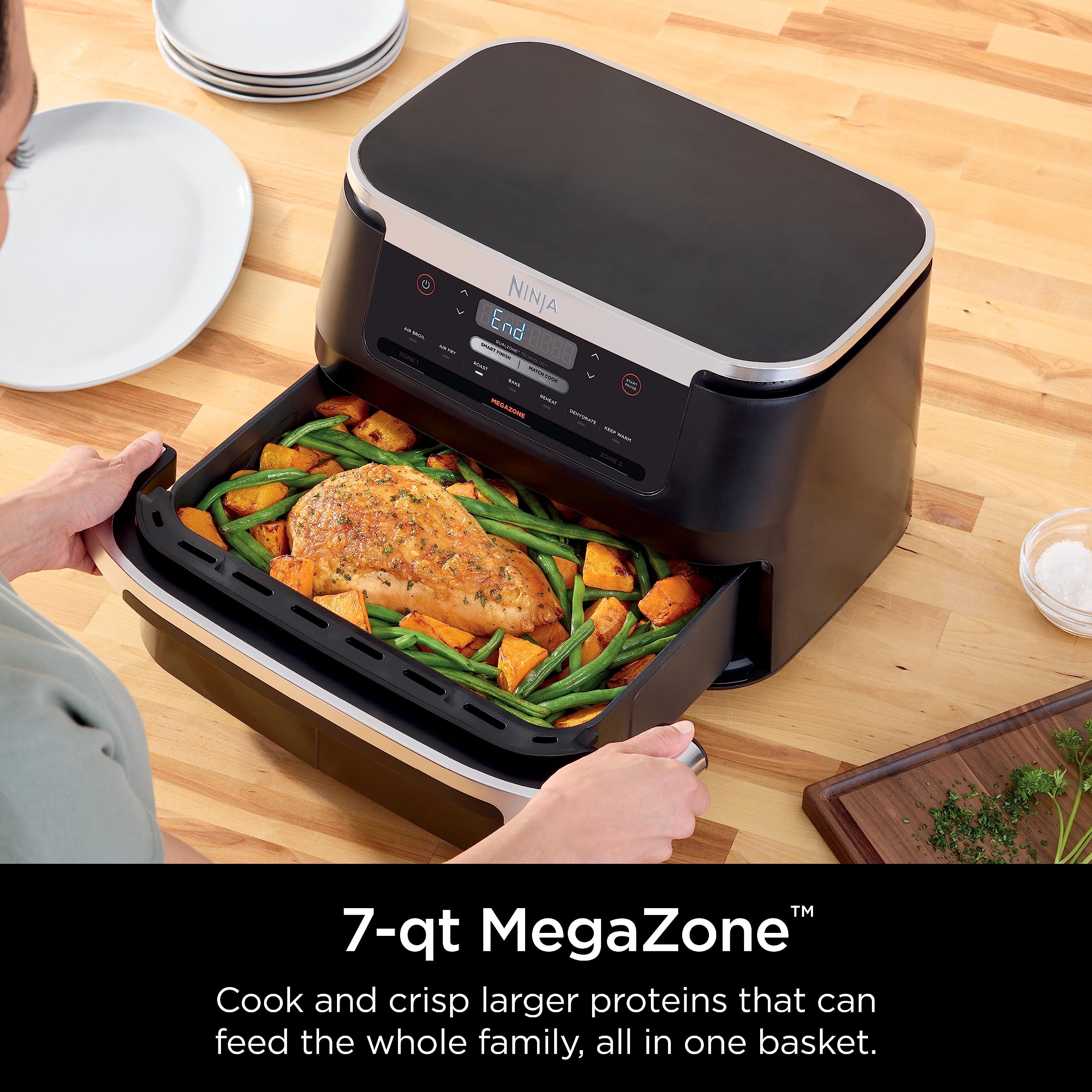 Ninja DZ071 Foodi 6-in-1 FlexBasket Air Fryer with 7-QT MegaZone & Basket Divider for Large Proteins & Full Meals, Smart Finish Cook 2 Foods 2 Ways, Family Sized Capacity, Air Fry, Roast & More, Black