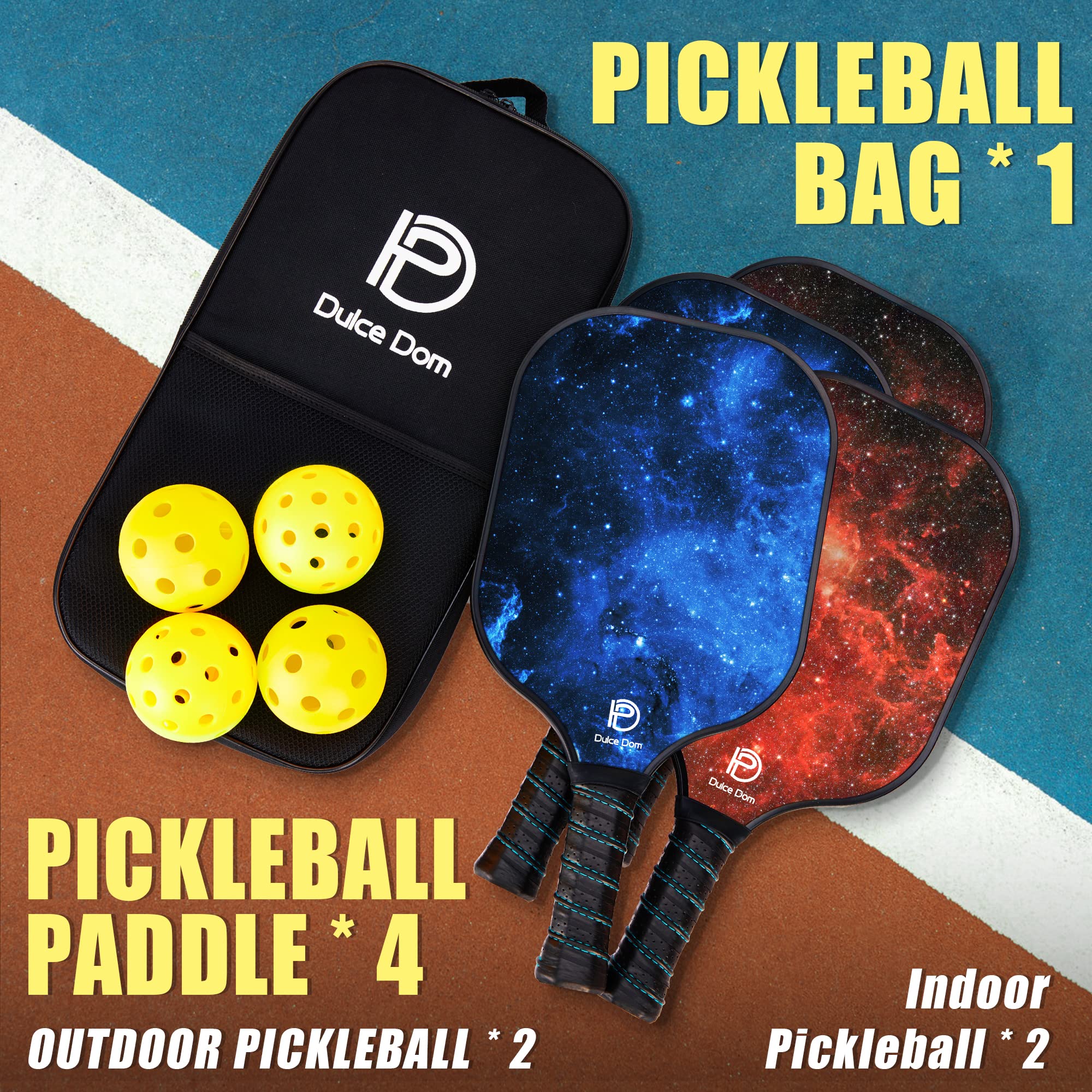 DULCE DOM Pickleball Paddles, USAPA Approved Set with 4 Premium Wood Balls and Bag, Rackets Equipment for Beginners & Pros, Women Men