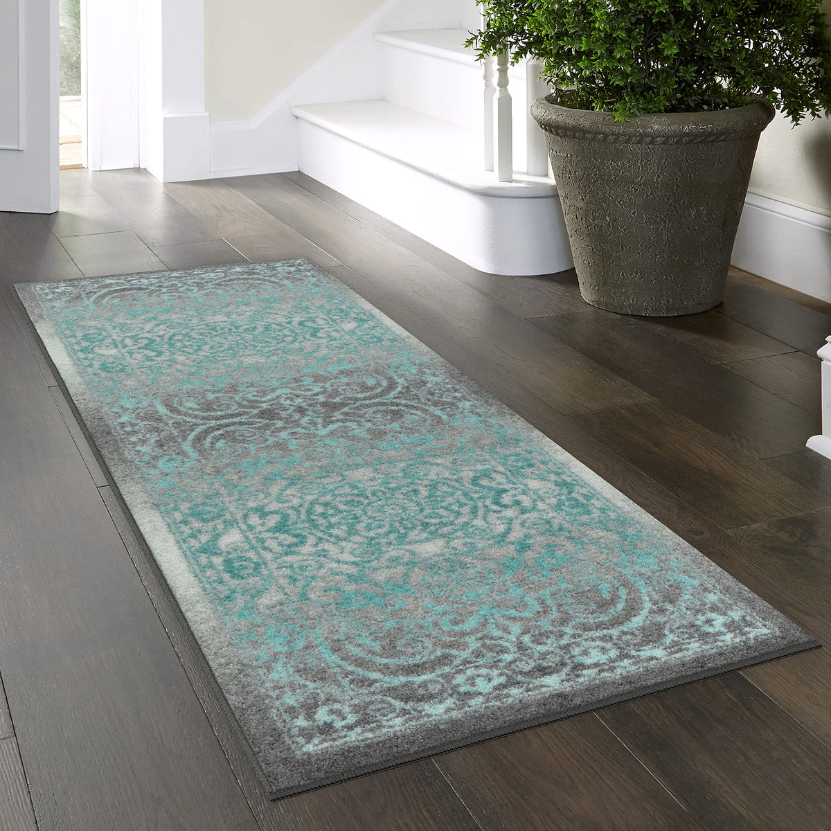 Maples Rugs Pelham Vintage Runner Rug Non Slip Washable Hallway Entry Carpet [Made in USA], 2 x 6, Grey/Blue