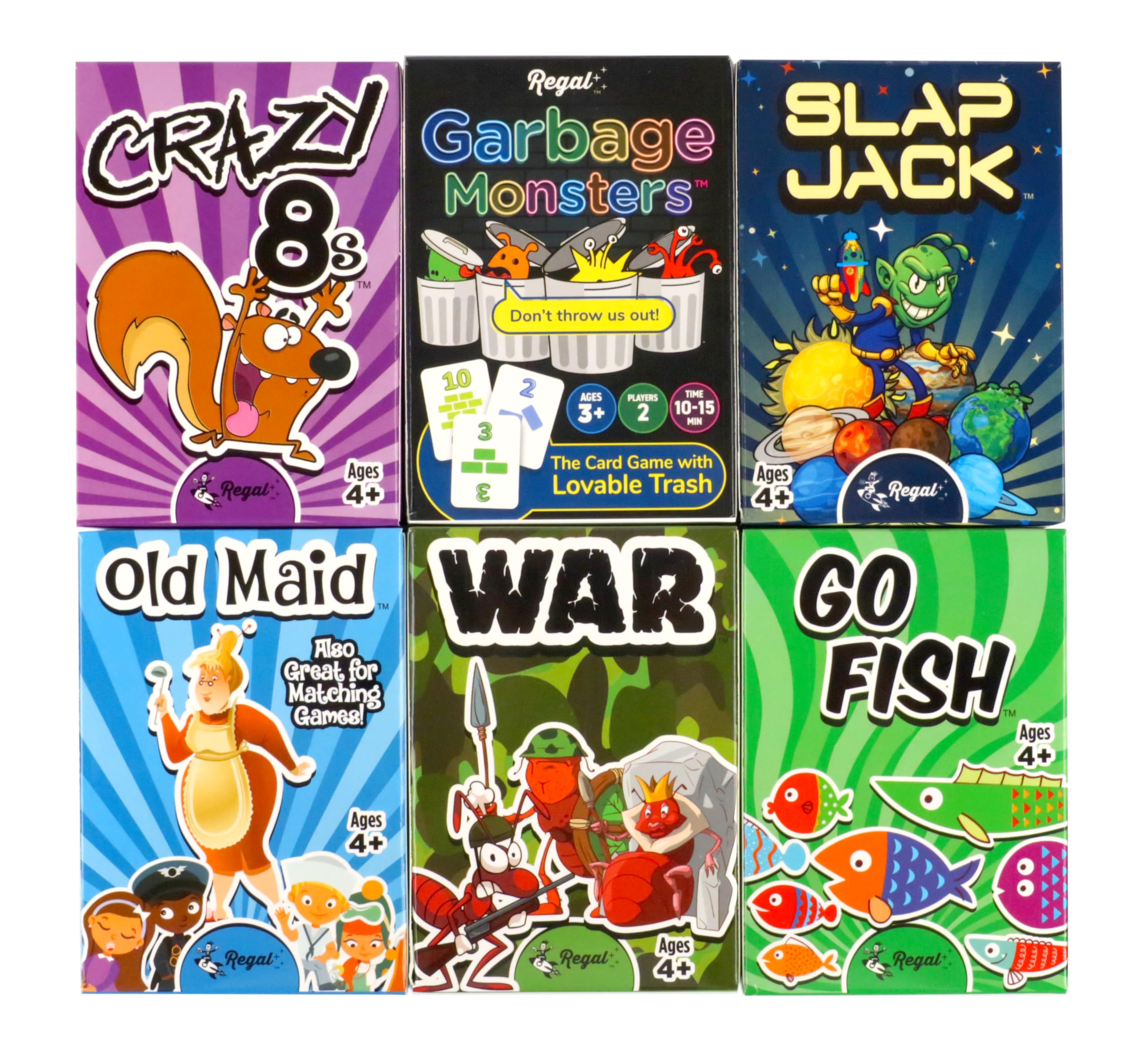 Regal Games Card Games for Kids - Go Fish, Crazy 8's, Old Maid, Slap Jack, Garbage Monster, War - Simple & Fun Classic Family Table Games - Games May Vary (6 Set)