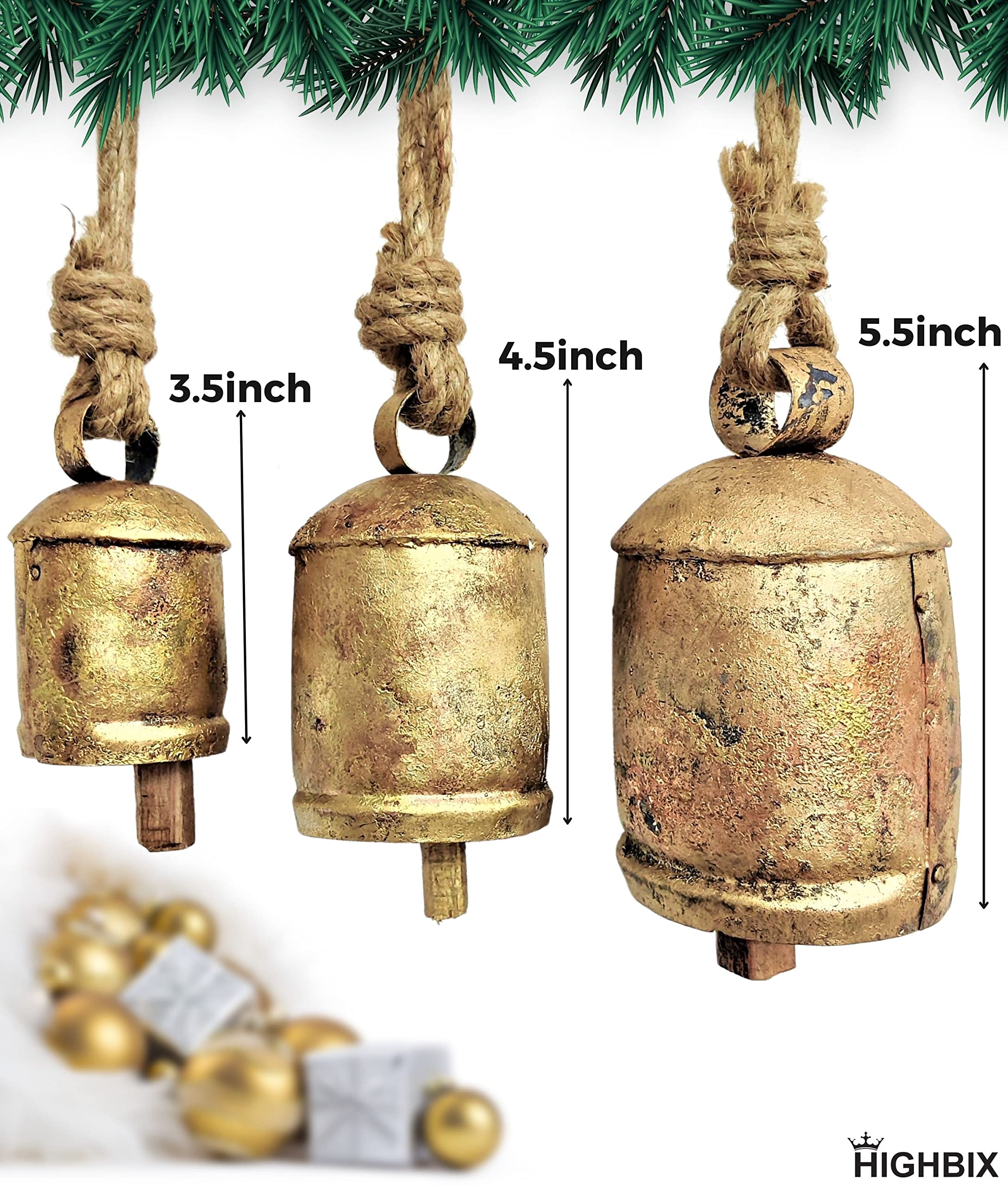 HIGHBIX Set of 3 Harmony Cow Bells Vintage Handmade Rustic Lucky Christmas Hanging Bells On Rope