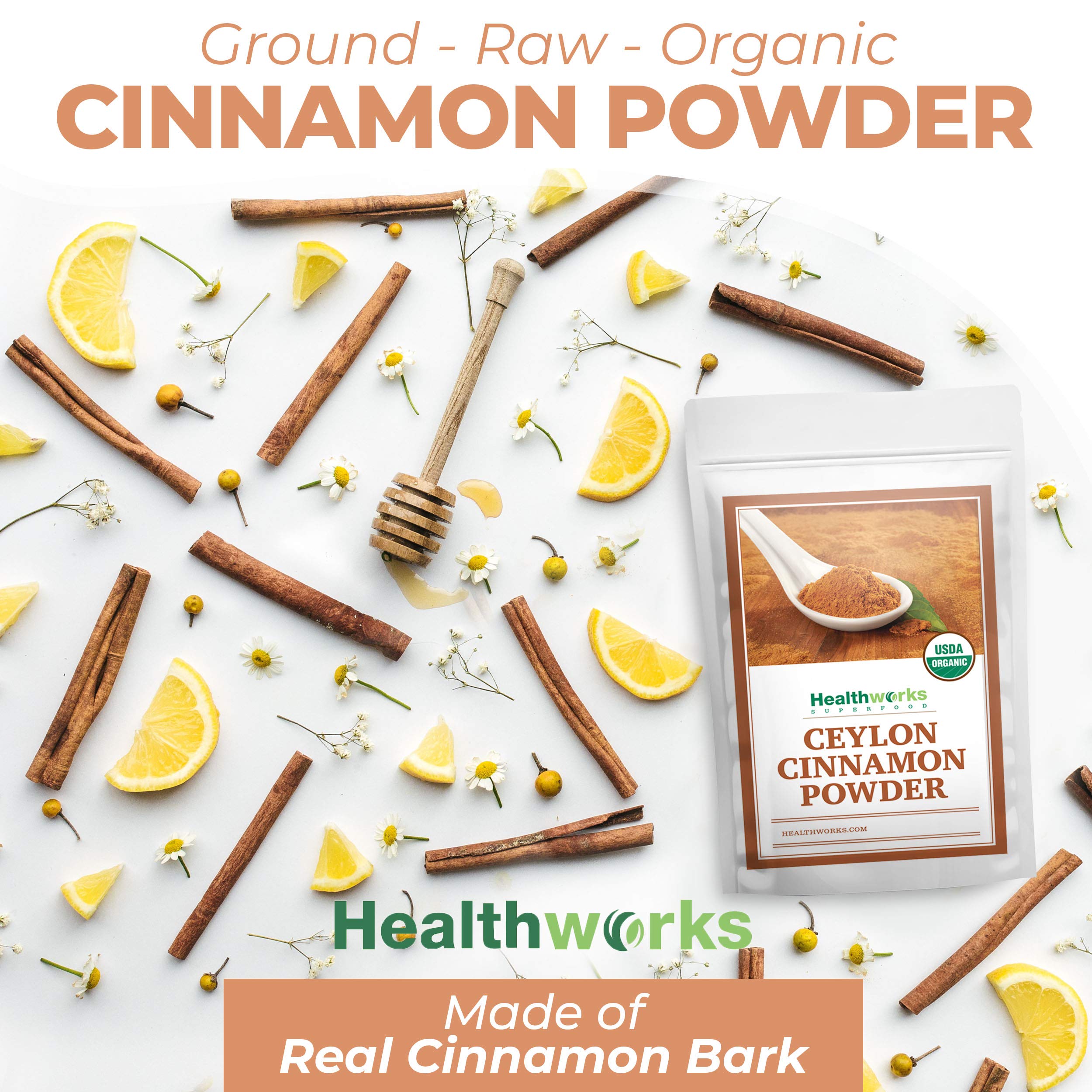 Healthworks Ceylon Cinnamon Powder Ground Raw Organic (16 Ounces / 1 Pound) | Keto, Vegan & Non-GMO | Great with Coffee, Tea & Oatmeal | Premium Antioxidant Superfood/Spice (1 Pound)