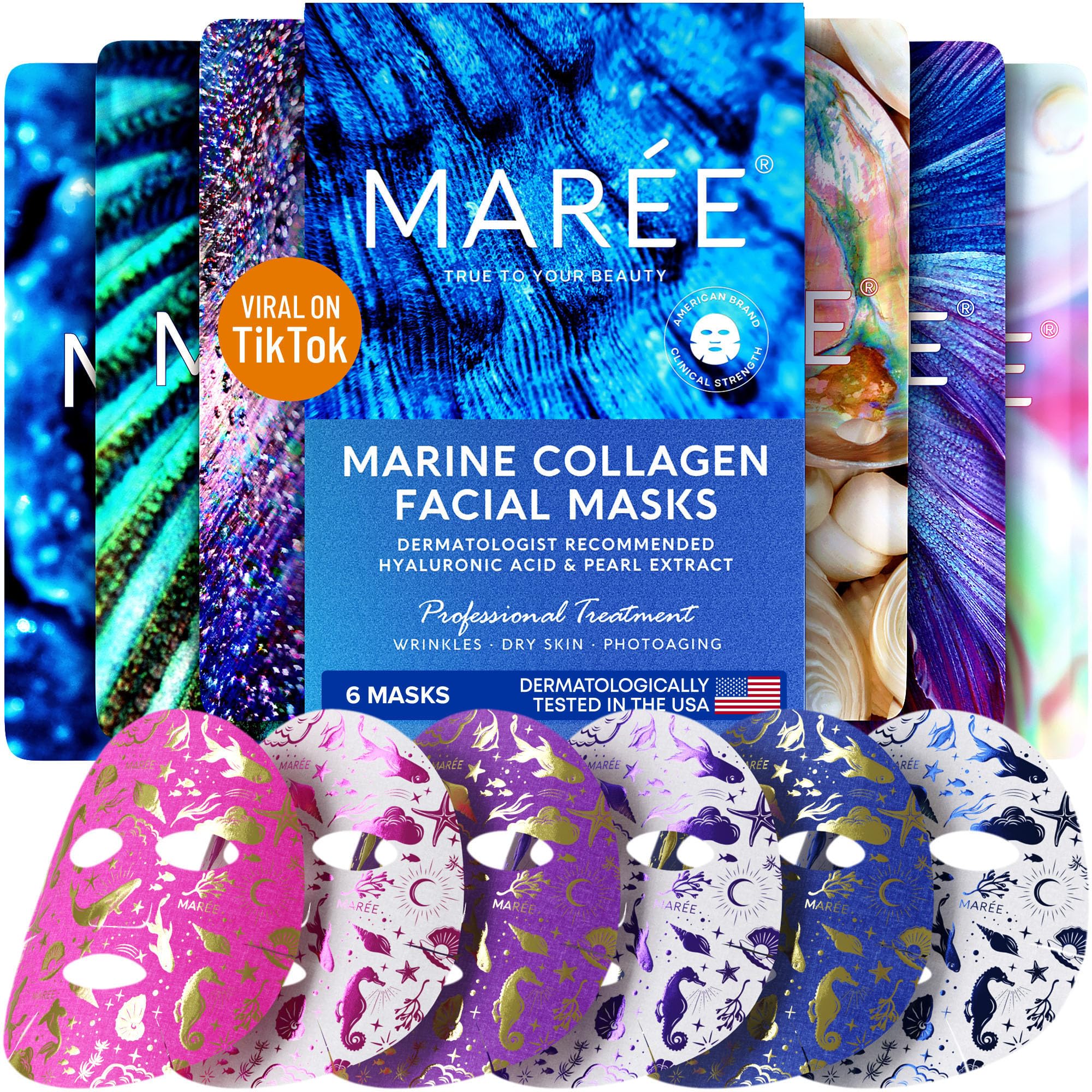 MAREE Collagen Face Mask with Hyaluronic Acid - Sheet Face Masks Skincare with Green & Red Algae Extract for All Skin Types - Hydrating Facial Mask Skin For Women Care Mascarillas Faciales - 6 Pack