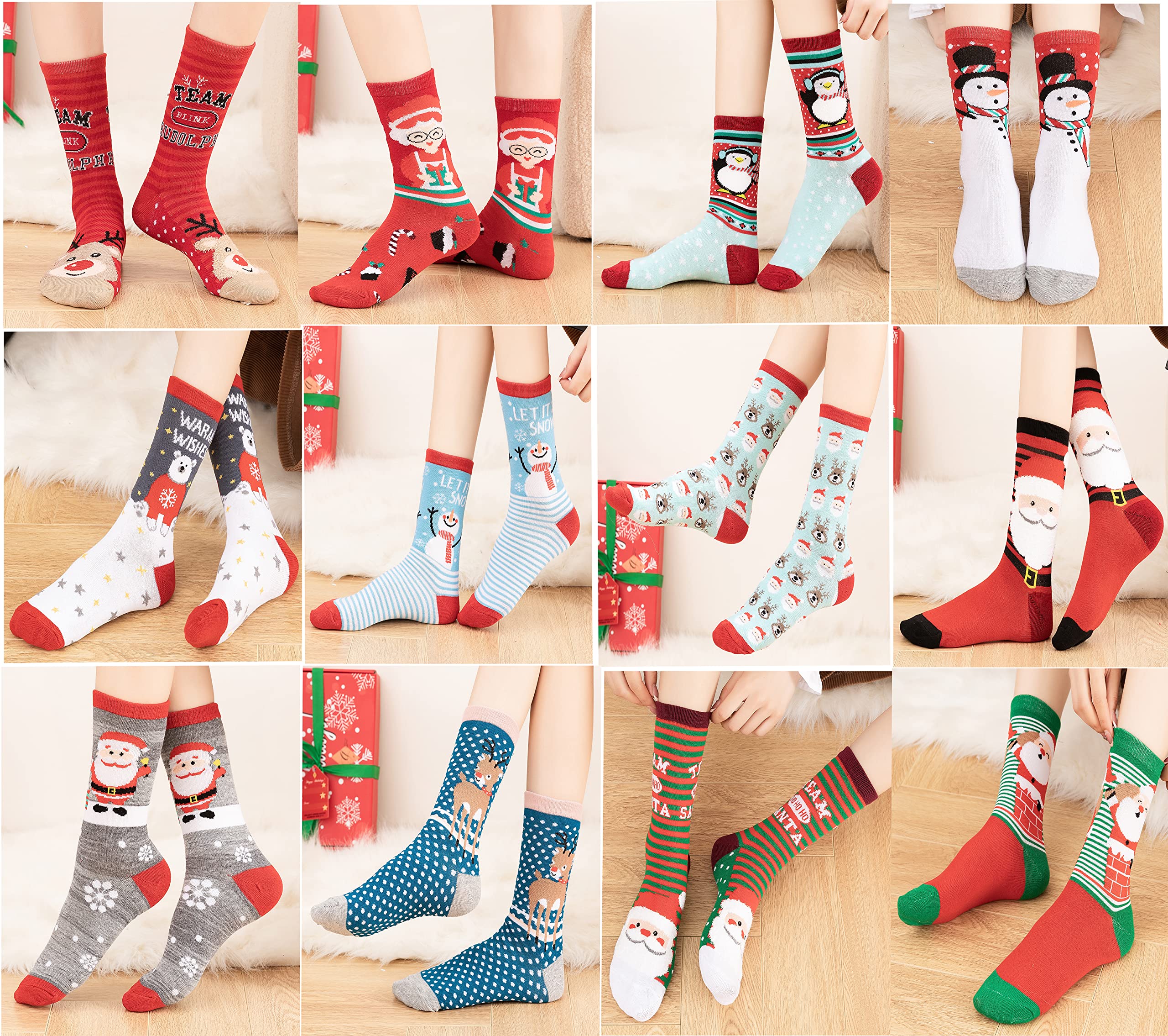 Gilbins 12 Pair, Holiday Gift Christmas Socks, 12 Different Designs, Cheerful Messages For The Holidays, Women Adults Size 9-11