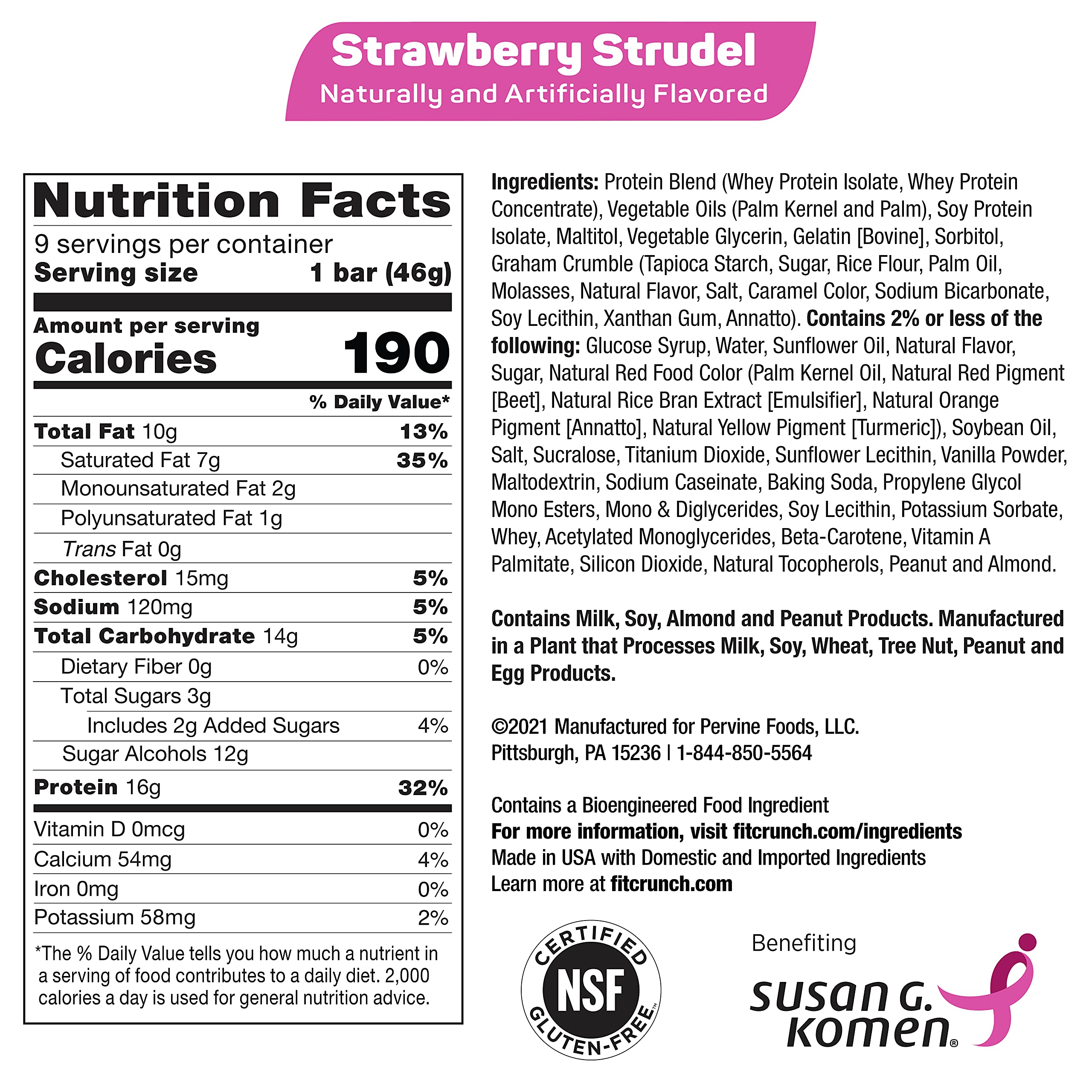 FITCRUNCH Snack Size Protein Bars, 6-Layer Baked Bar, 3g of Sugar, Gluten Free & Soft Cake Core (9 Bars, Strawberry Strudel)