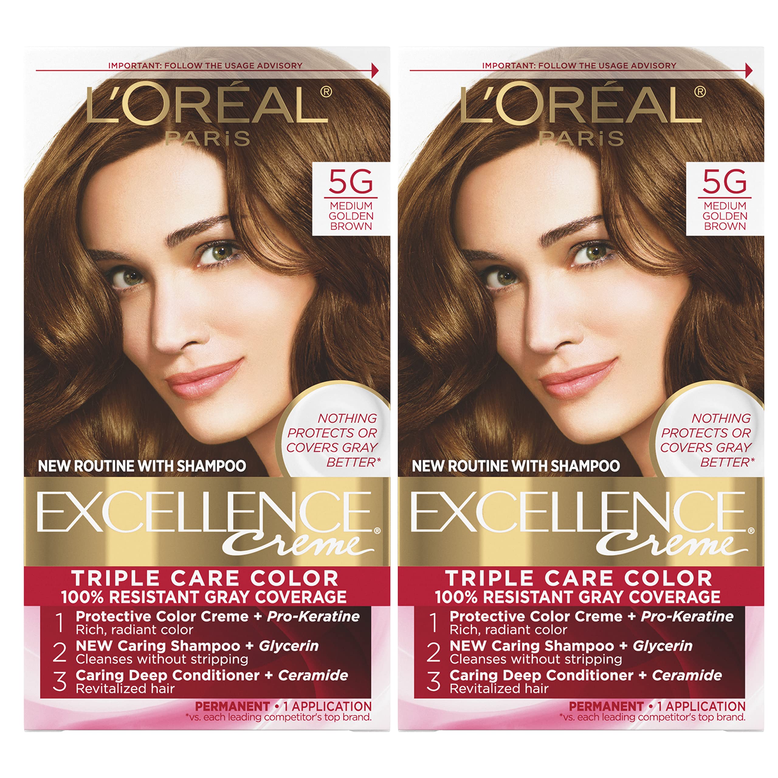 L'Oreal Paris Excellence Creme Permanent Hair Color, 5G Medium Golden Brown, 100 percent Gray Coverage Hair Dye, Pack of 2