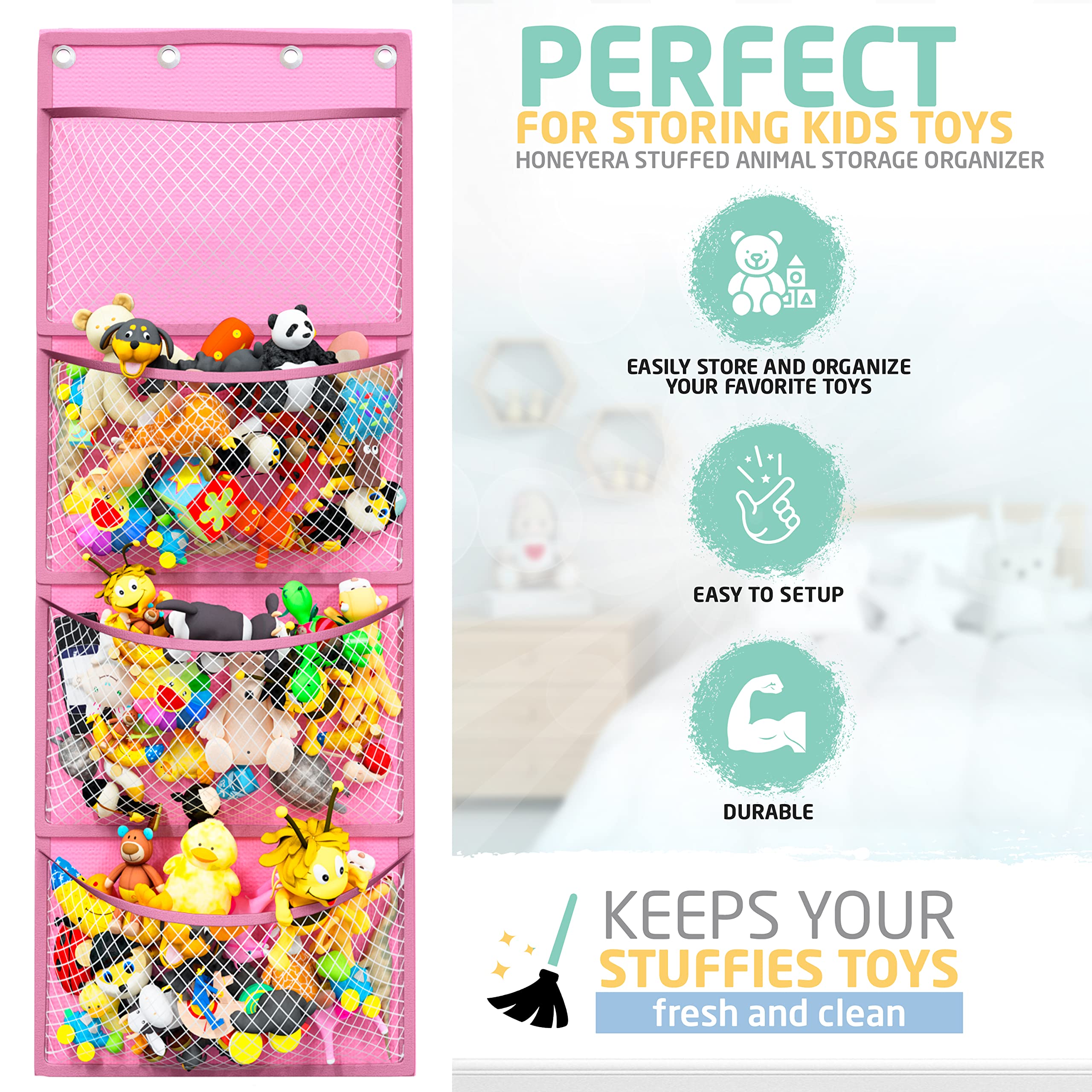 Honeyera Enchanting Pink & White Jumbo Pocket Plush Toy Organizers: The Ultimate Stuffed Animal Storage Solution