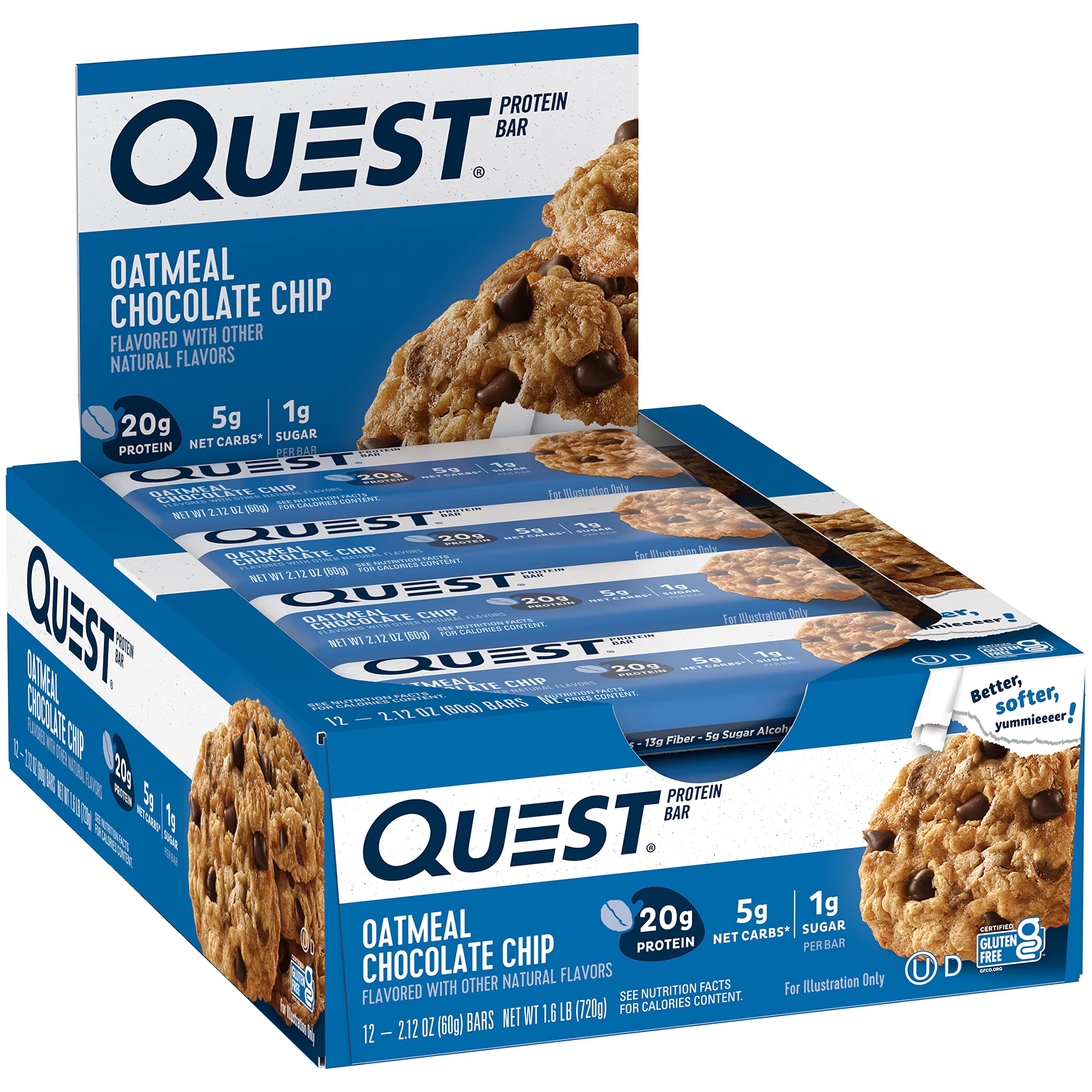 Quest Nutrition Oatmeal Chocolate Chip Protein Bars, 20g Protein, 1g Sugar, 5g Net Carb, Gluten Free, Keto Friendly, 12 Count