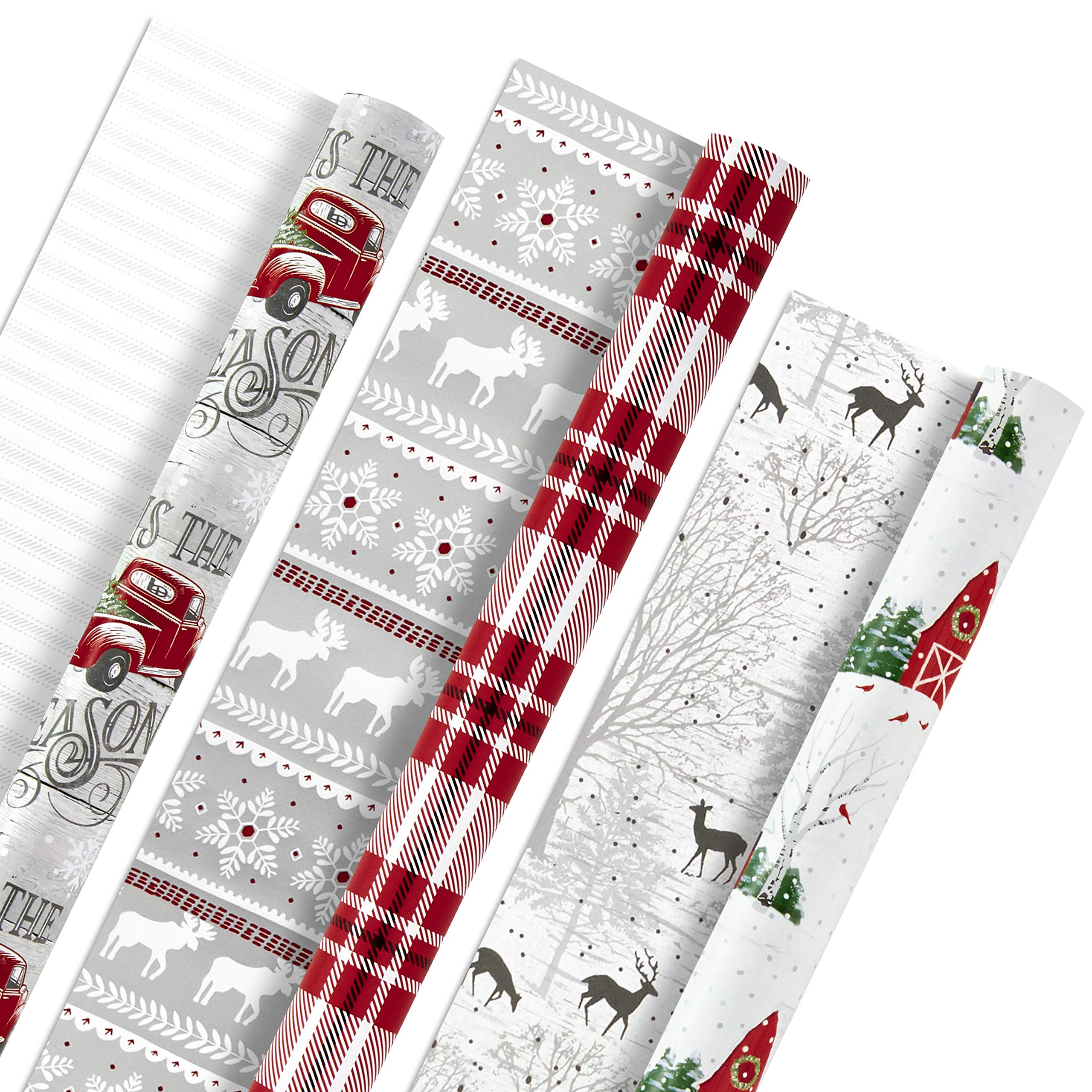 Hallmark Holiday Wrapping Paper Rolls - Rustic Christmas Gift Wrap Paper (Set of 3 Reversible Rolls: 120 sq. ft. ttl.) Plaid, Barn, Red Truck, Moose, Woodland Scenes