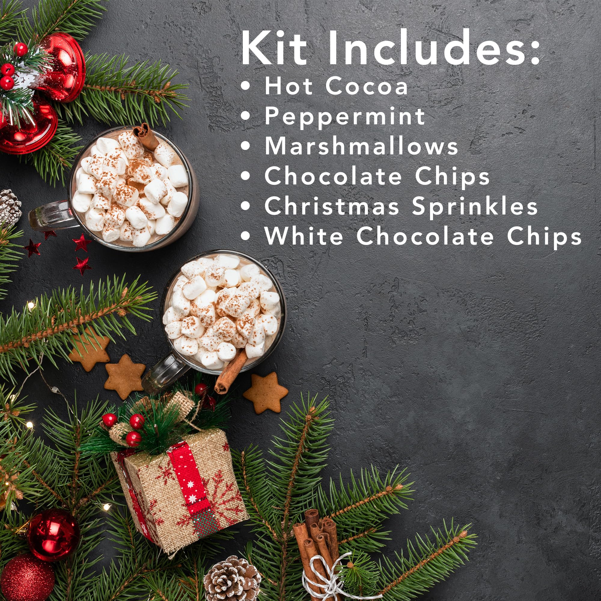 Hot Cocoa Bar Kit by Happy Packs | Includes Hot Cocoa Mix, Mini Marshmallows, Crushed Peppermint Candy, Chocolate Chips, White Chocolate Chips & Christmas Sprinkles | Premium Hot Chocolate Gift Sets