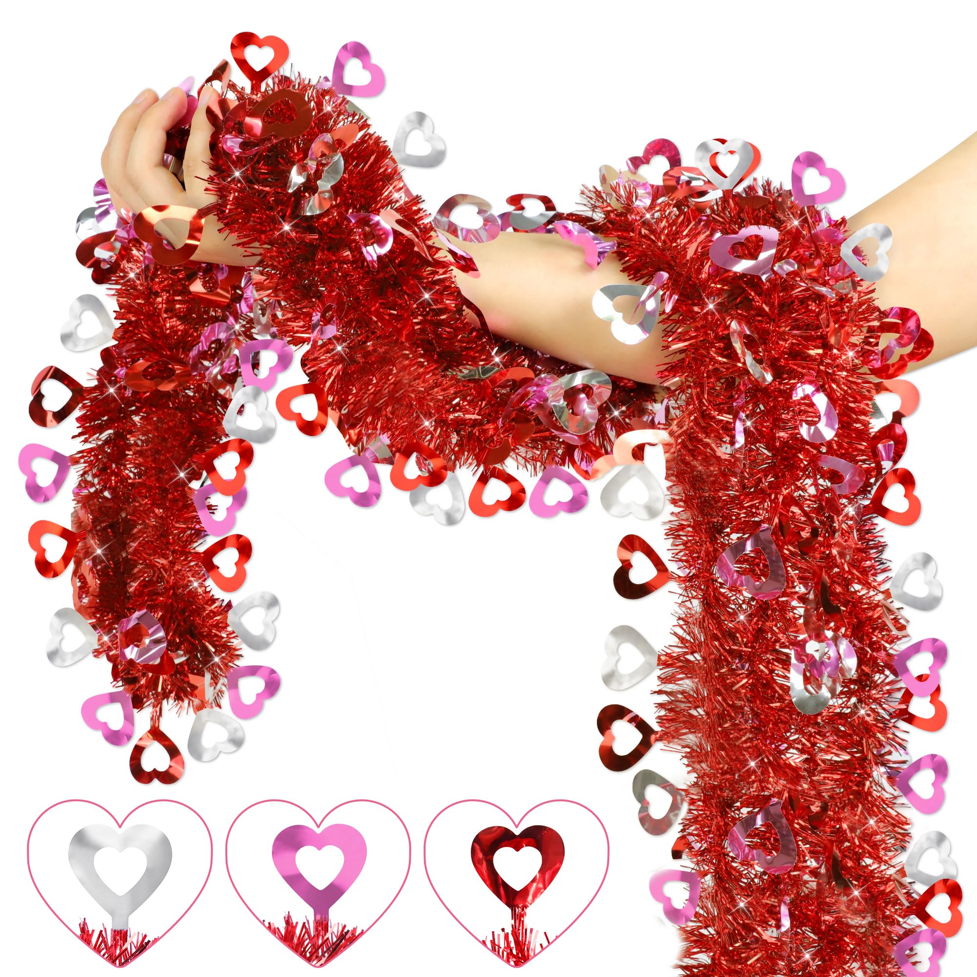 33 FT Valentines Day Decorations Tinsel Garland, Valentines Day Decor Red Pink Silver Heart Garland Valentines Metallic Garland Decorations for Tree Home Indoor Outdoor Wedding Anniversary Valentines