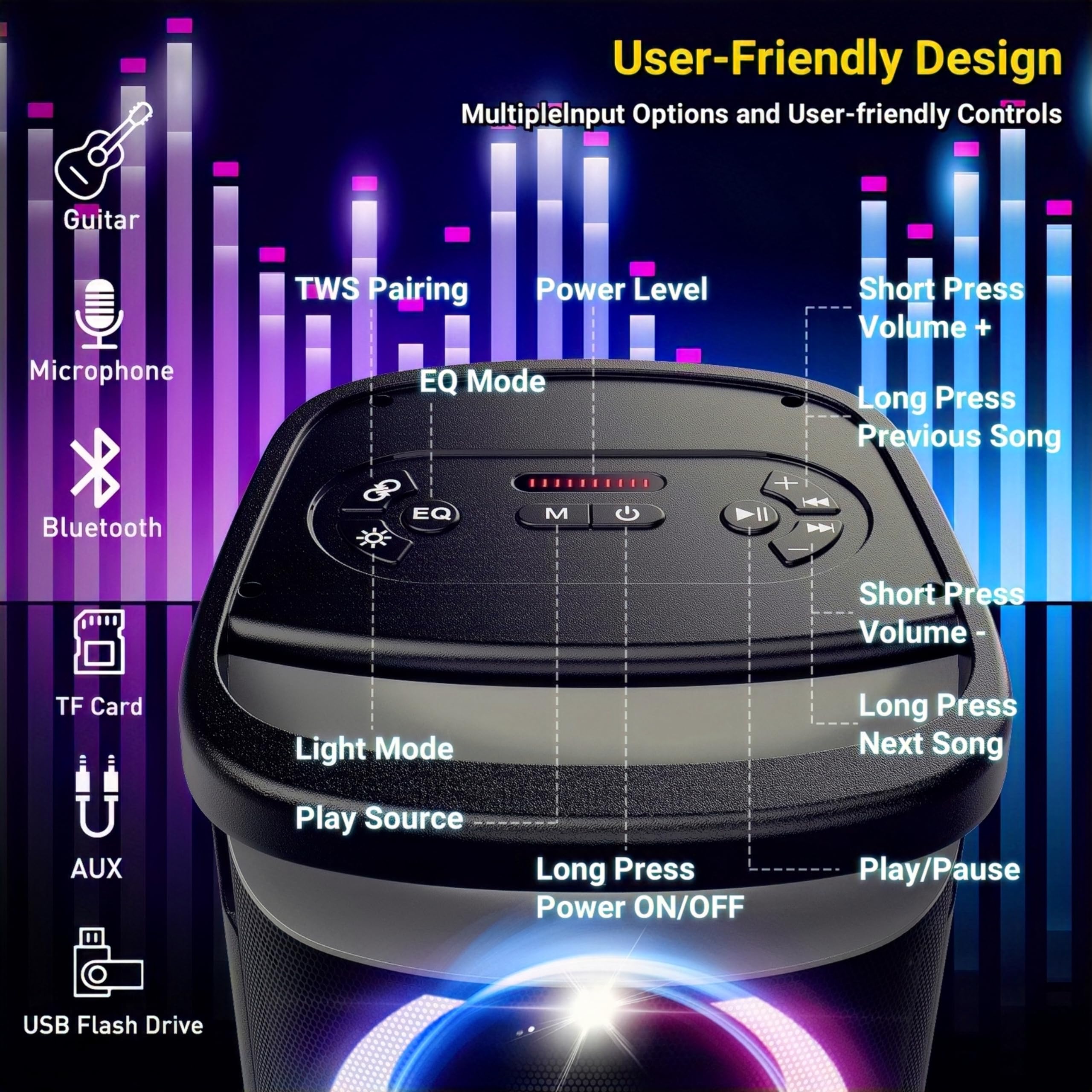 TPBEAT Portable Bluetooth Party Speaker: 160W Peak Powerful Loud Sound Deep Bass Wireless Boombox Large Subwoofer 15 Hours Battery Life Fast Charging with Led Light Show for Outdoor Camping Backyard