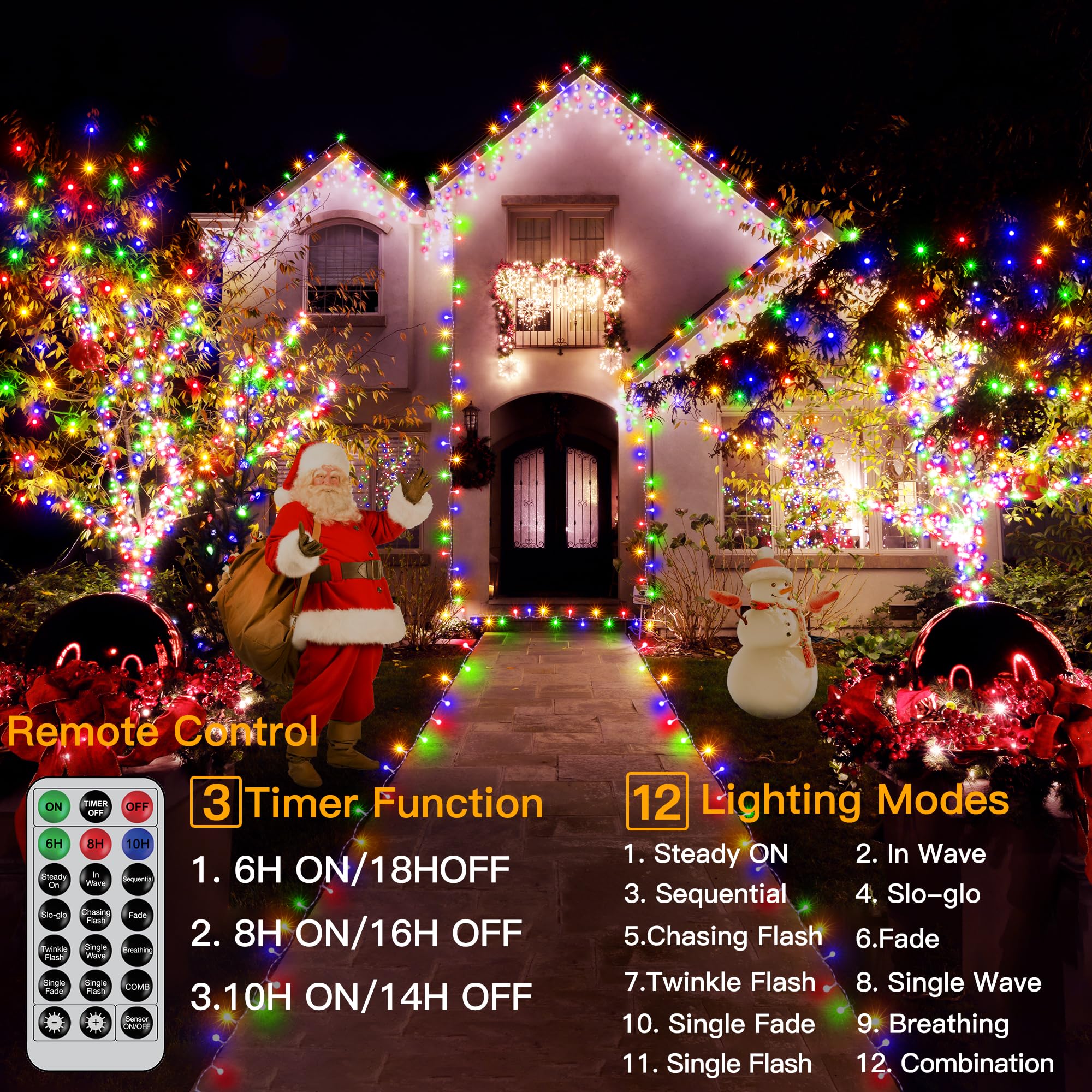 Ccinny 12 Modes 174ft 500 LED Dusk to Dawn Outdoor String Lights Memory,Plug in Dimmable Christmas Lights with Remote, Waterproof Fairy Lights with Timer for Patio Garden Party(Multicolor)