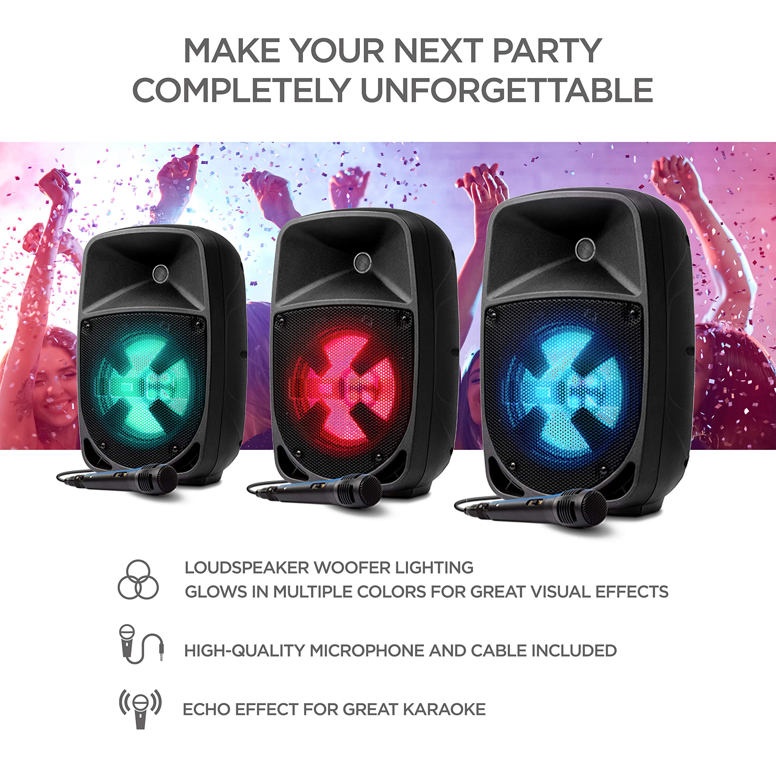 ION Audio Pro Glow 8 - 150W Wireless Bluetooth Speaker Portable PA System With Karaoke Microphone, Vocal Effects, USB/SD Playback and FM Radio