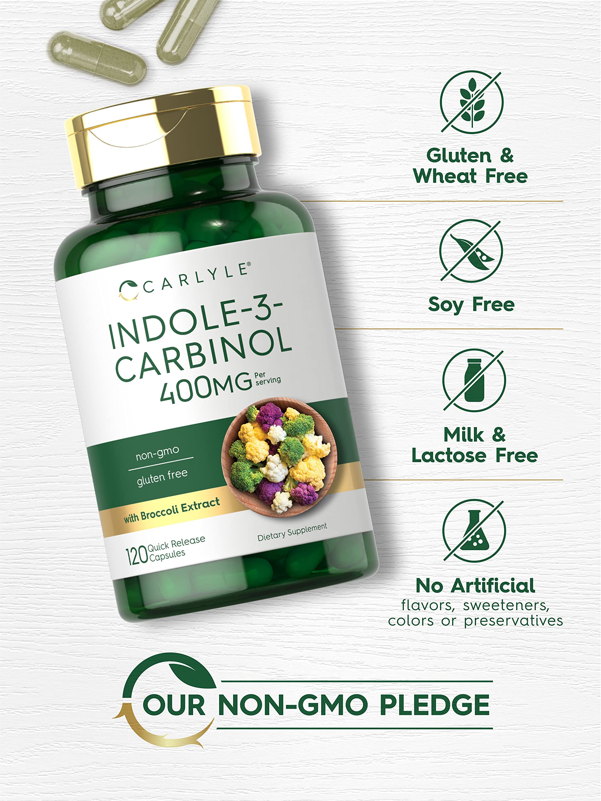 Carlyle Indole-3-Carbinol (I3C) 400mg | 120 Capsules | Advanced Formula with Broccoli Extract | Non-GMO, Gluten Free