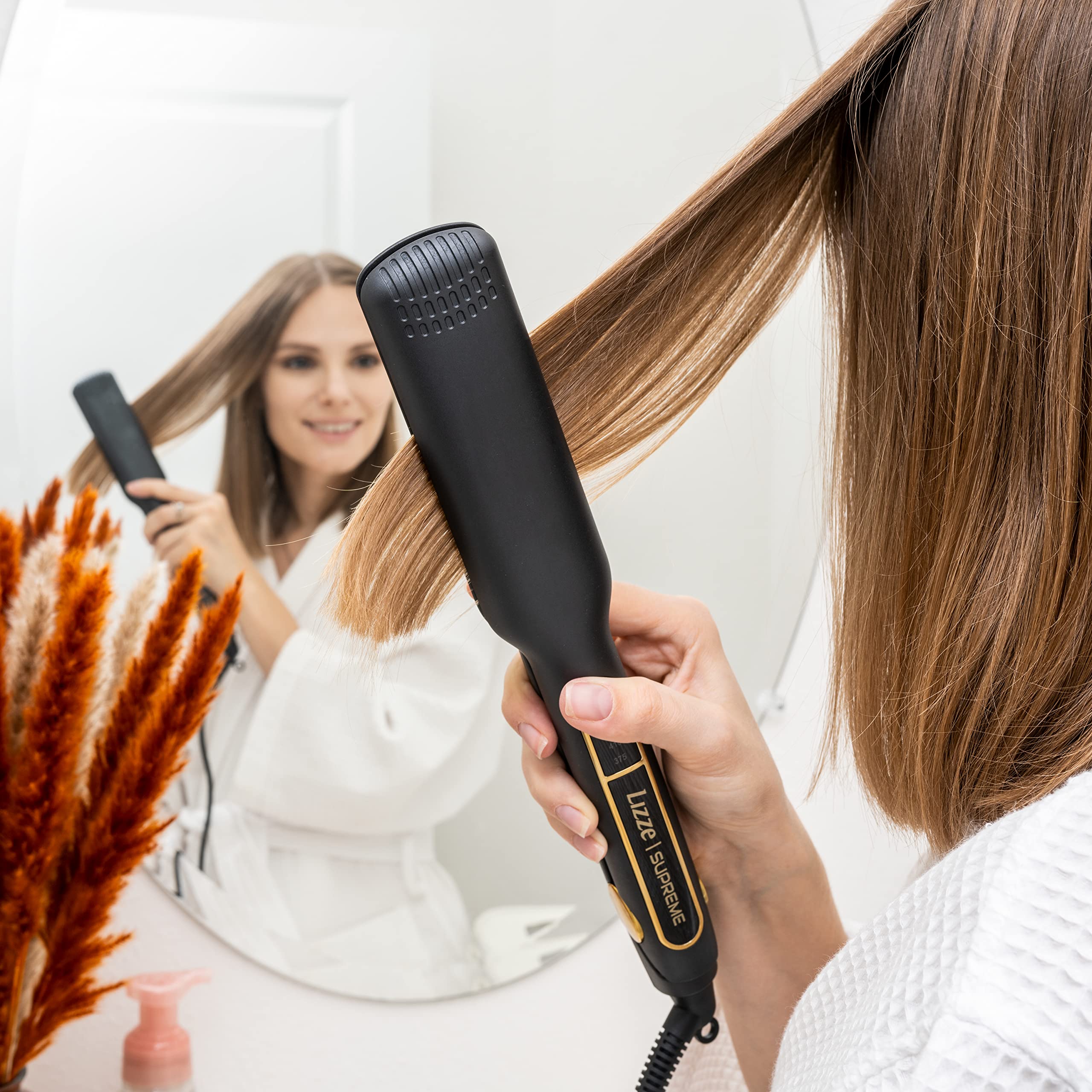 Professional Flat Iron Hair Straightener Plancha De Cabello Professional - Titanium Hair Iron Straightens Frizzy Hair Curls - Sleek Salon Hair Styling Tool - Lizze Supreme 1.5" Pro Straightening Iron