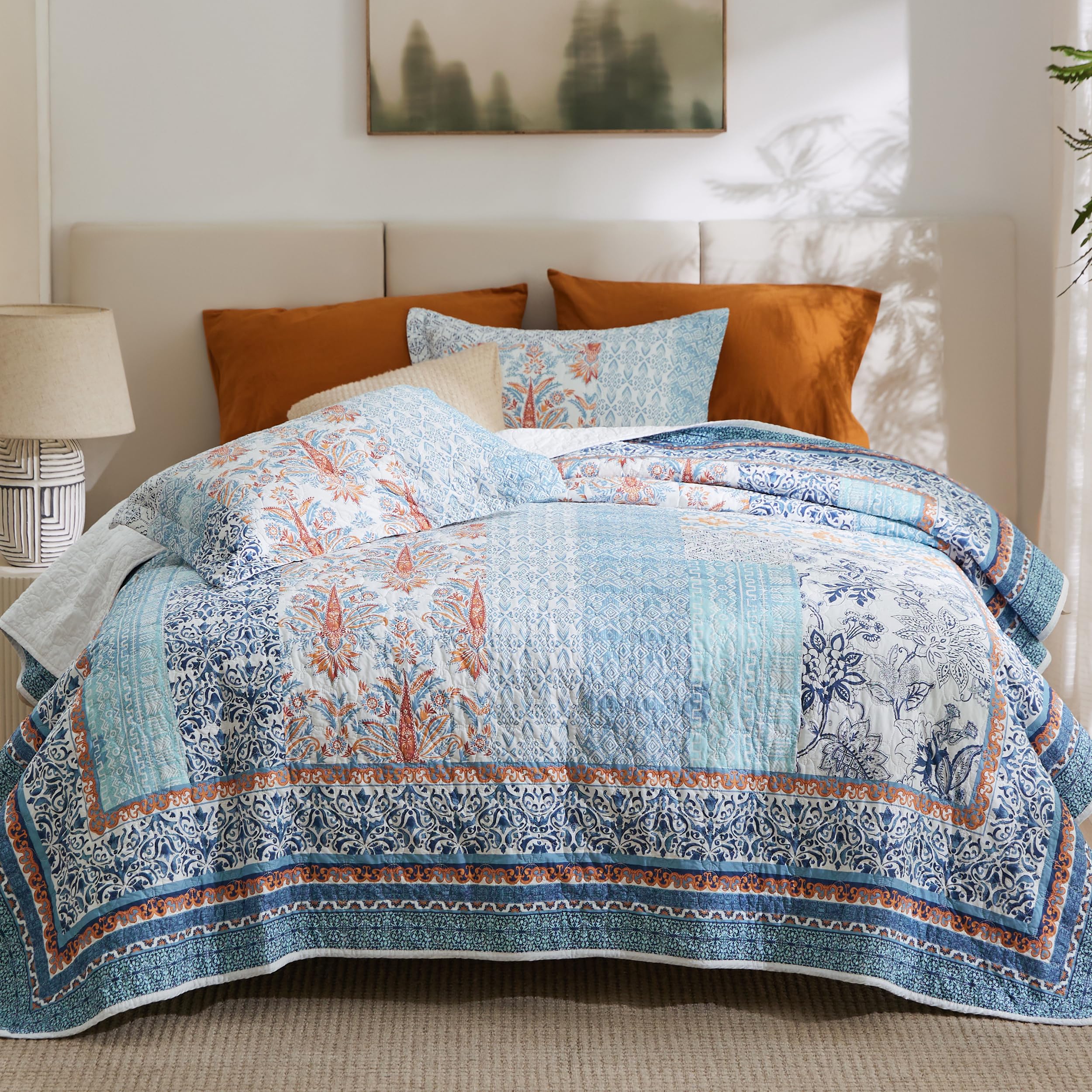 Bedsure Cotton Quilt Set King - Patchwork Pattern Reversible Quilt Bedding Set, 3 Pieces Lightweight Bedspread, Light Blue Coverlet Set with 2 Pillow Shams for All Seasons (106"x96")