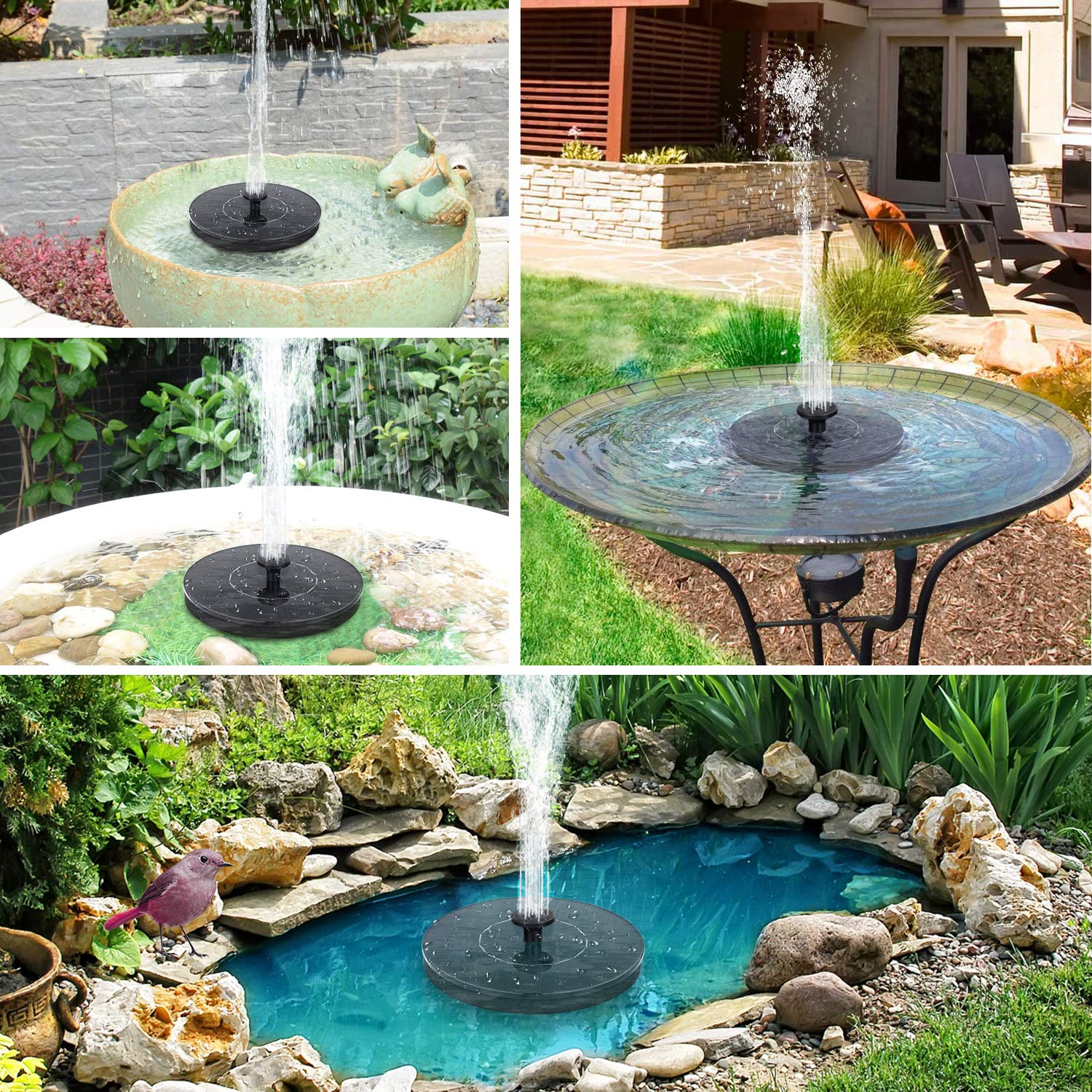 Mademax 1W Solar Bird Bath Fountain Pump, Solar Fountain with 6 Nozzle, Free Standing Floating Solar Powered Water Fountain Pump for Bird Bath, Garden, Pond, Pool, Outdoor