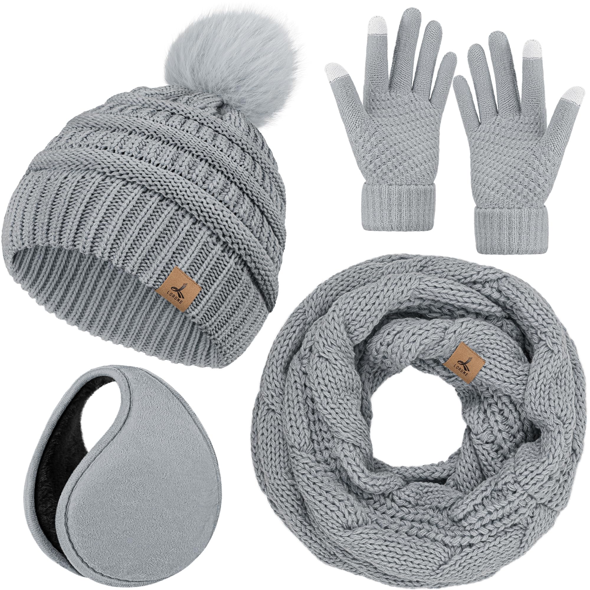 Winter Hat Scarf Gloves and Ear Warmer, Warm Knit Beanie Hat Touch Screen Gloves Set Winter Gifts Neck Scarves for Women Light Gray