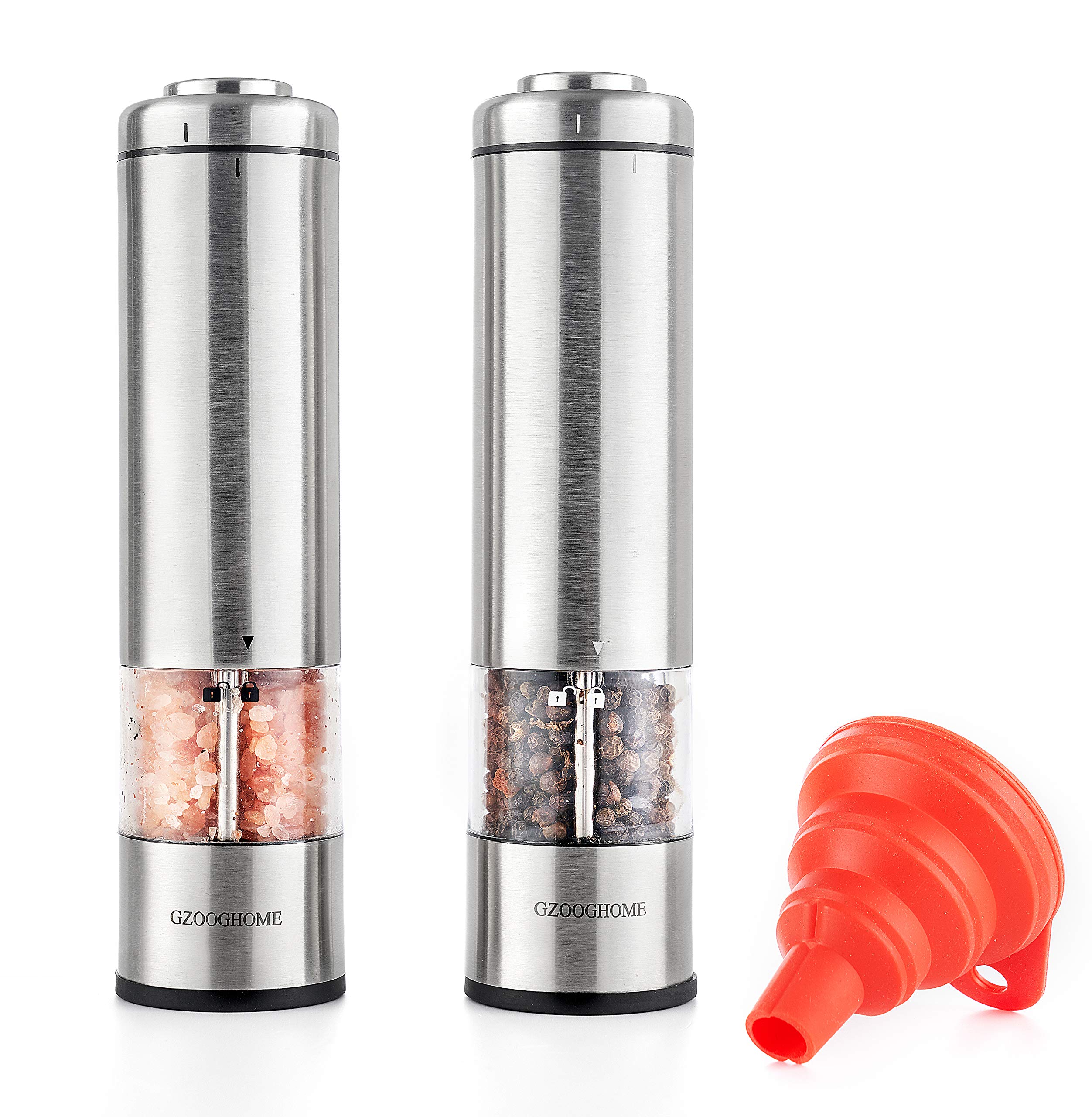 GZOOGHOME Electric Salt and Pepper Mill Grinder Set (Do Not Use Rechargeable Batteries), Battery Operated Automatic One Handed Pepper Salt Mill with Funnel and Adjustable Coarseness