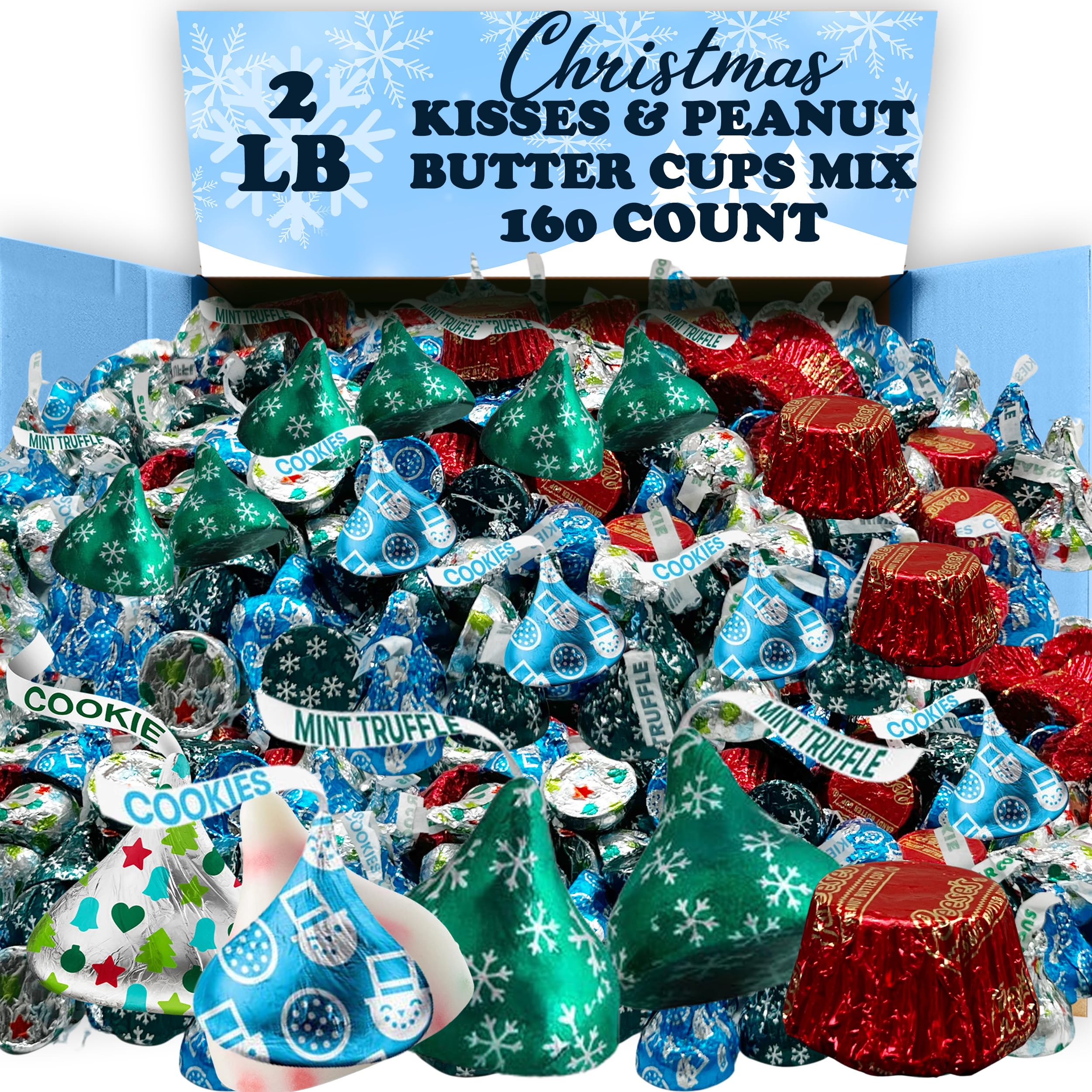 Hershey Christmas Kisses Candy Mix, 2 lbs, Hershey Holiday Assortment of Milk Chocolate Kisses and ReesePeanut Butter Cups, in Festive Red, Silver and Green Holiday Wrappers, Stocking Stuffers