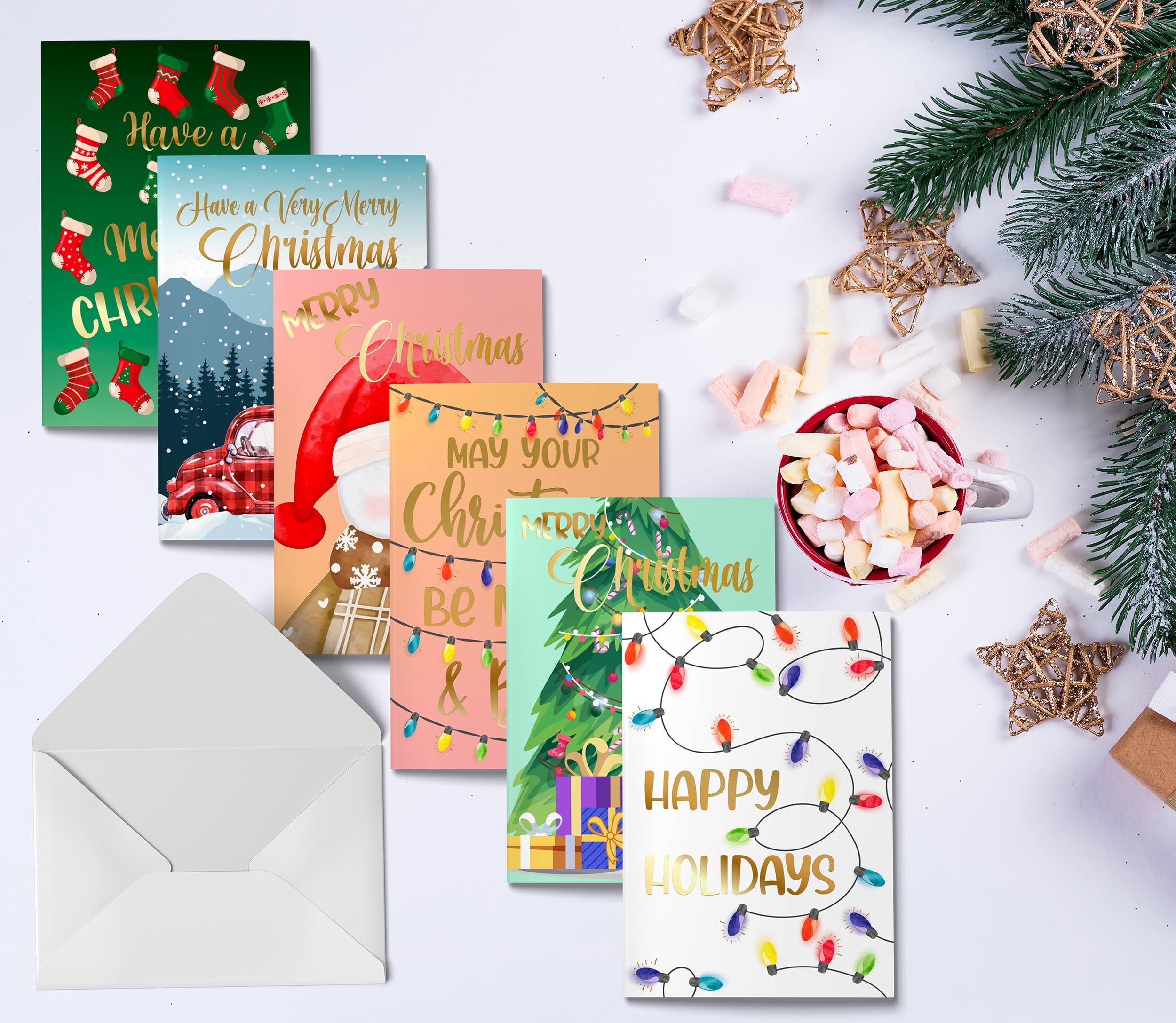 Better Office Products 50 Pack Christmas Cards Set with Gold Foil Accents, 4" x 6", Fun & Festive Designs, Blank Inside, Boxed Set