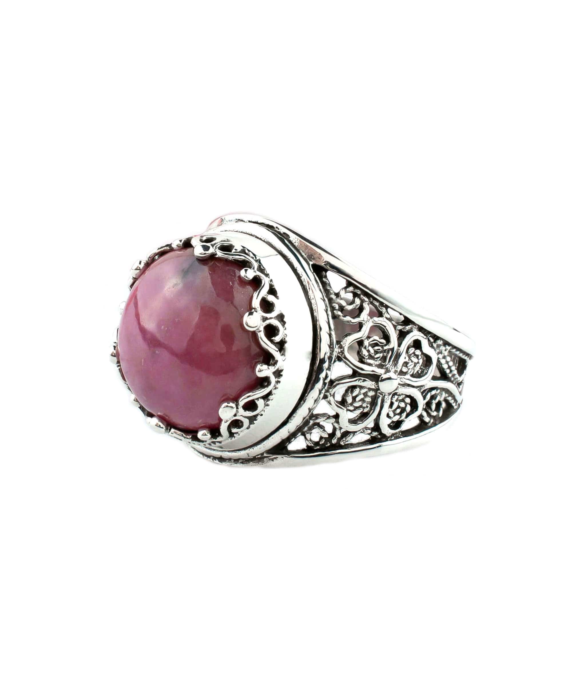 Filigree Art Rhodonite Gemstone Women Crown Silver Statement Ring