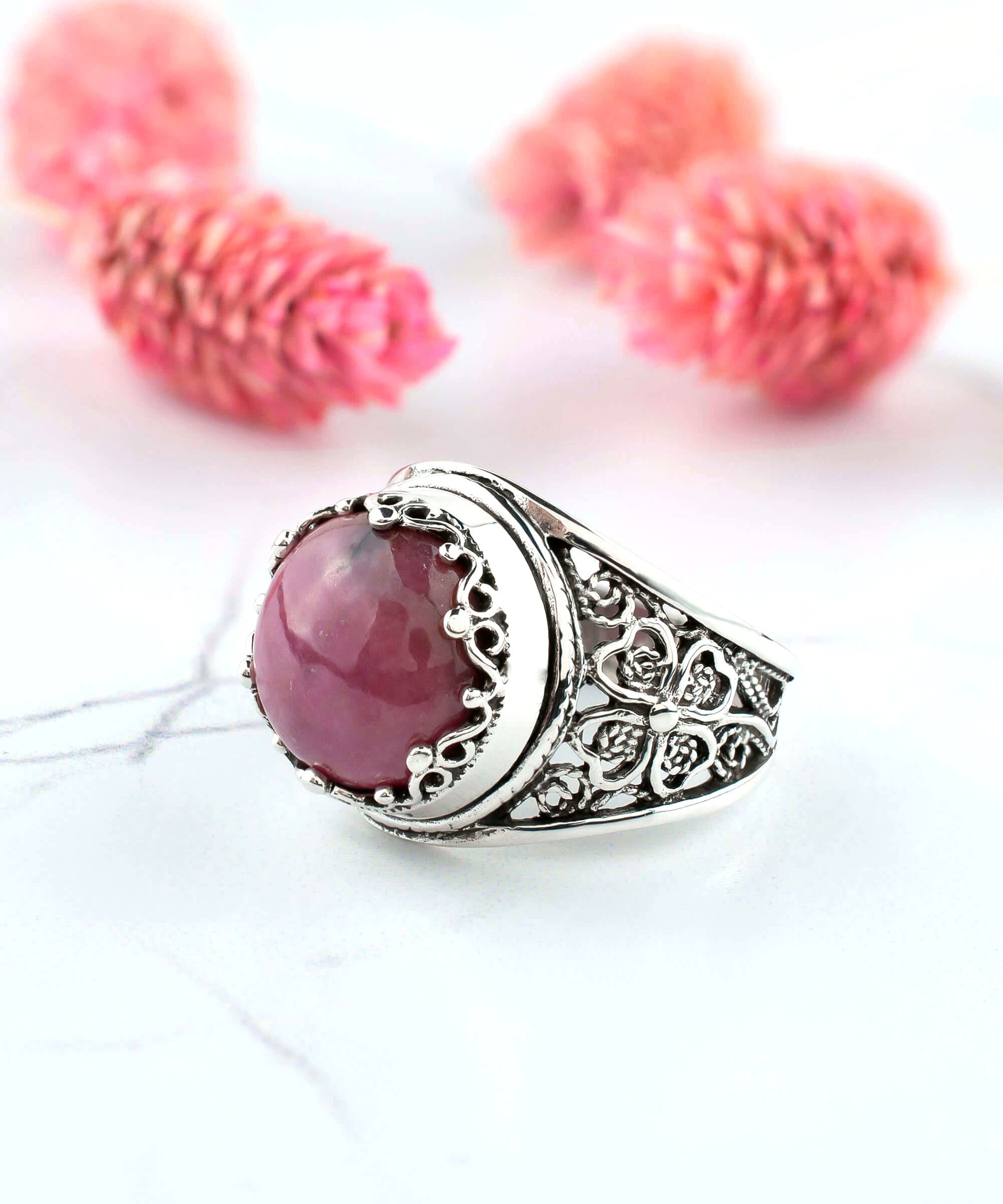 Filigree Art Rhodonite Gemstone Women Crown Silver Statement Ring