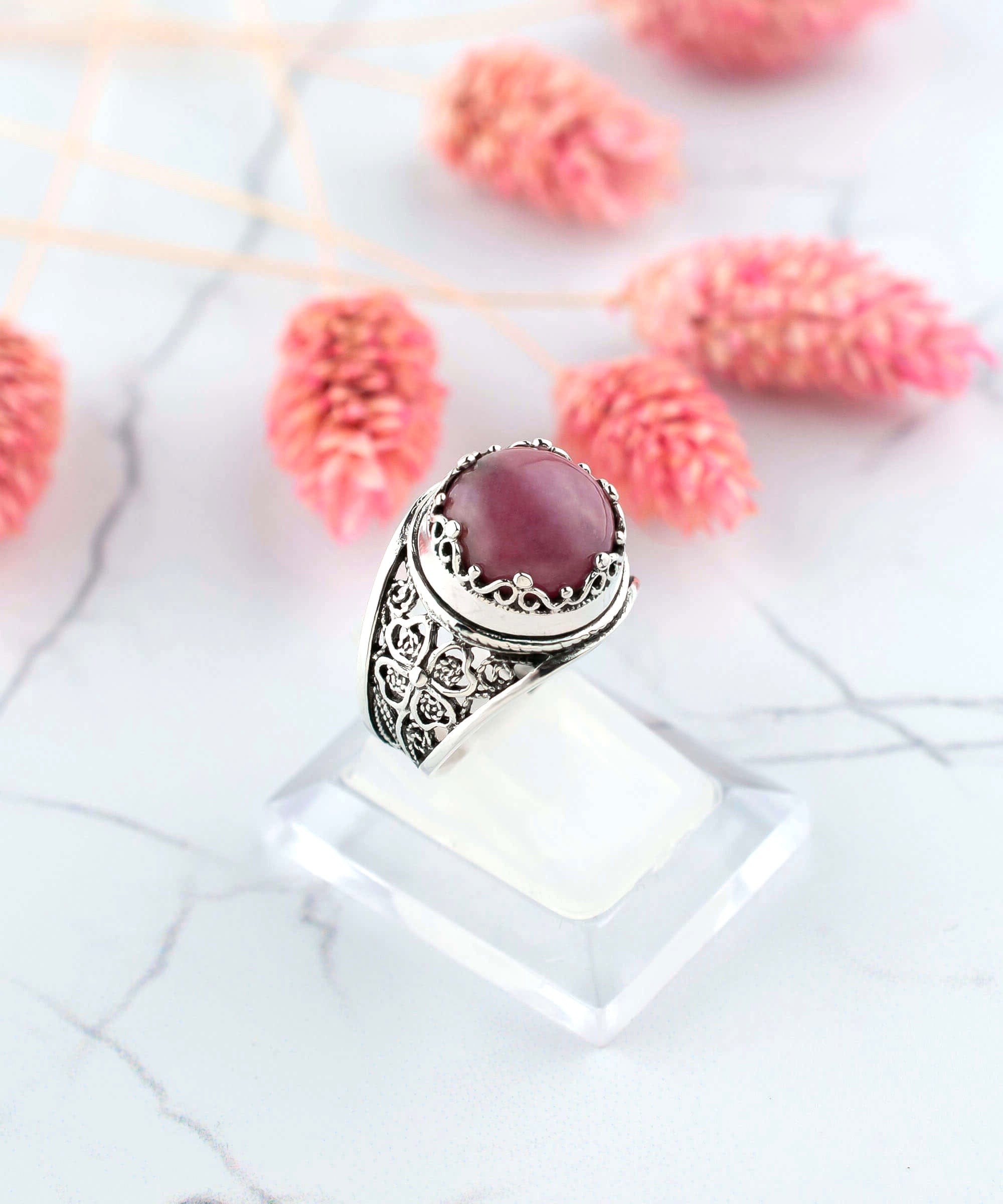 Filigree Art Rhodonite Gemstone Women Crown Silver Statement Ring