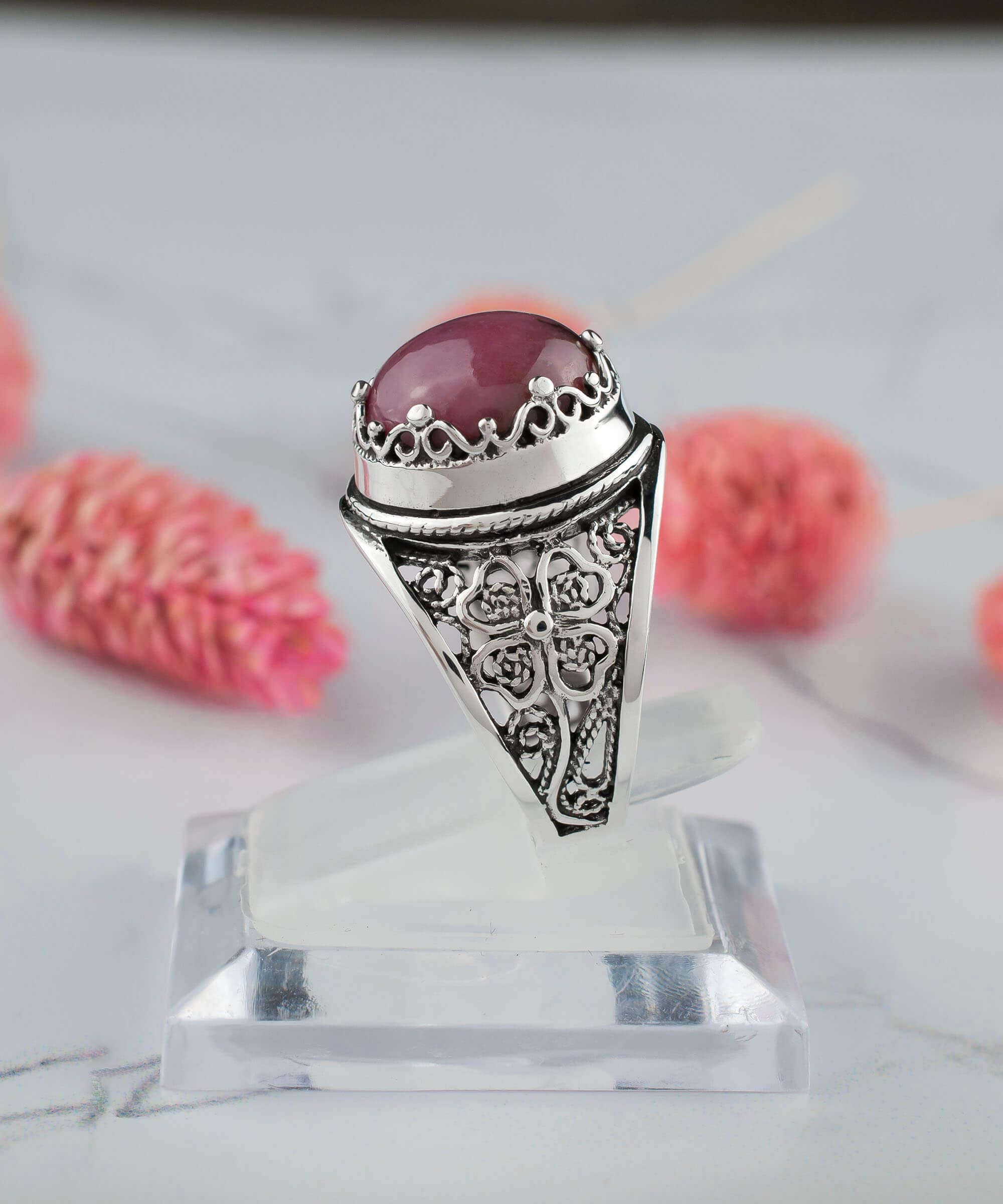 Filigree Art Rhodonite Gemstone Women Crown Silver Statement Ring