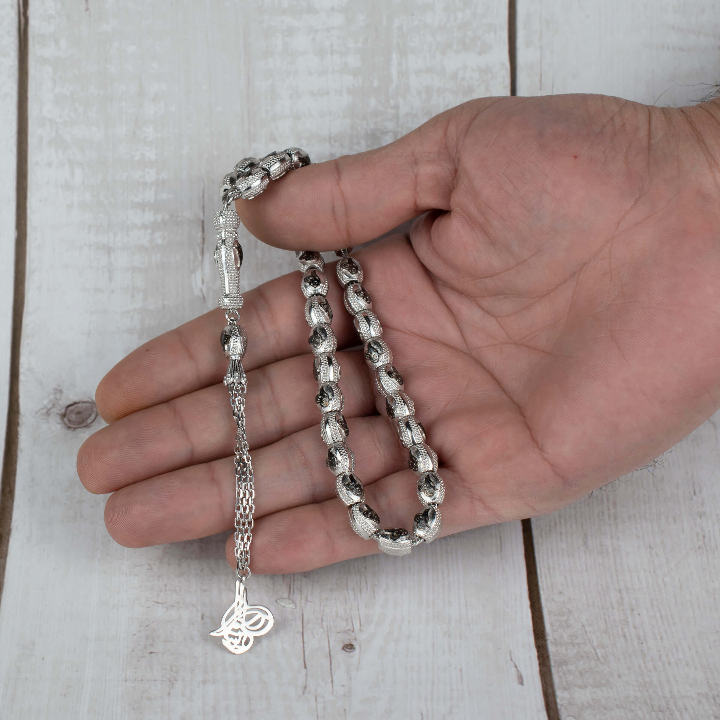 Sterling Silver Ottoman Sign 33 Oval Beads Tasbih Prayer Beads