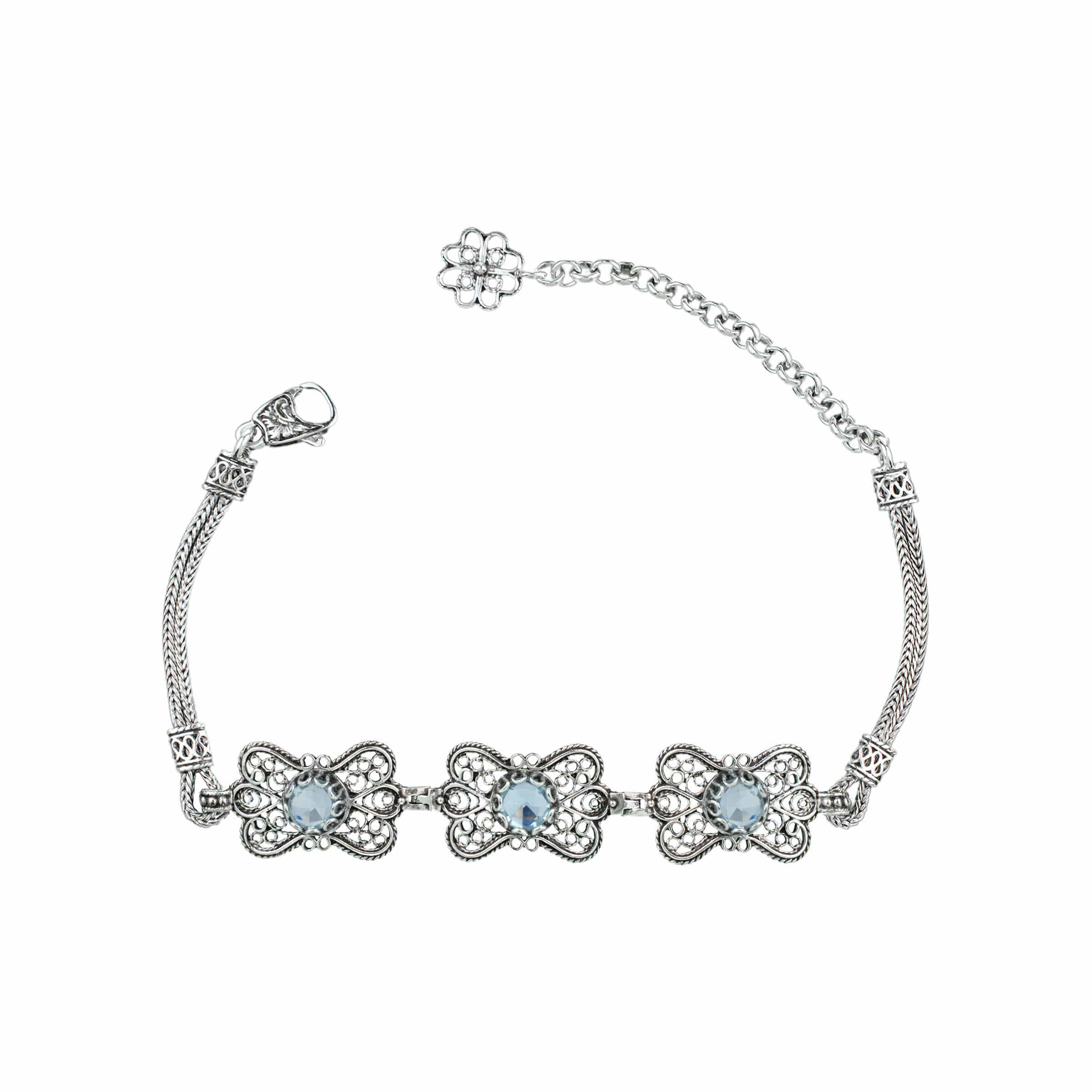 Filigree Art Blue Topaz Gemstone Women Butterfly Silver Link Bracelet