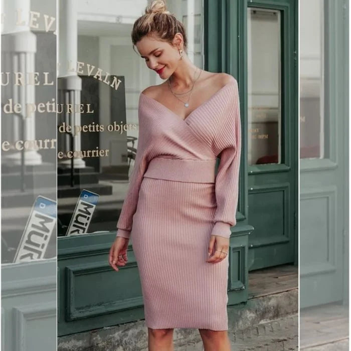 Knitting V neck off Shoulder Set Dress Sweater