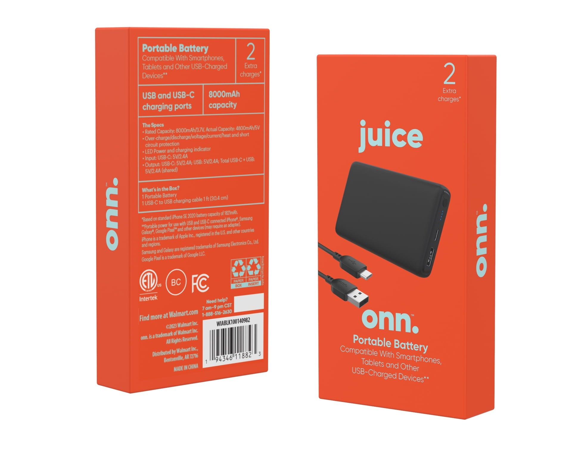 Onn 8,000 mAh dual USB-C/USB-A port portable battery, Black