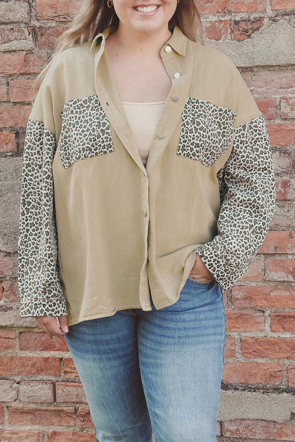 Khaki Plus Size Leopard Patchwork Shacket