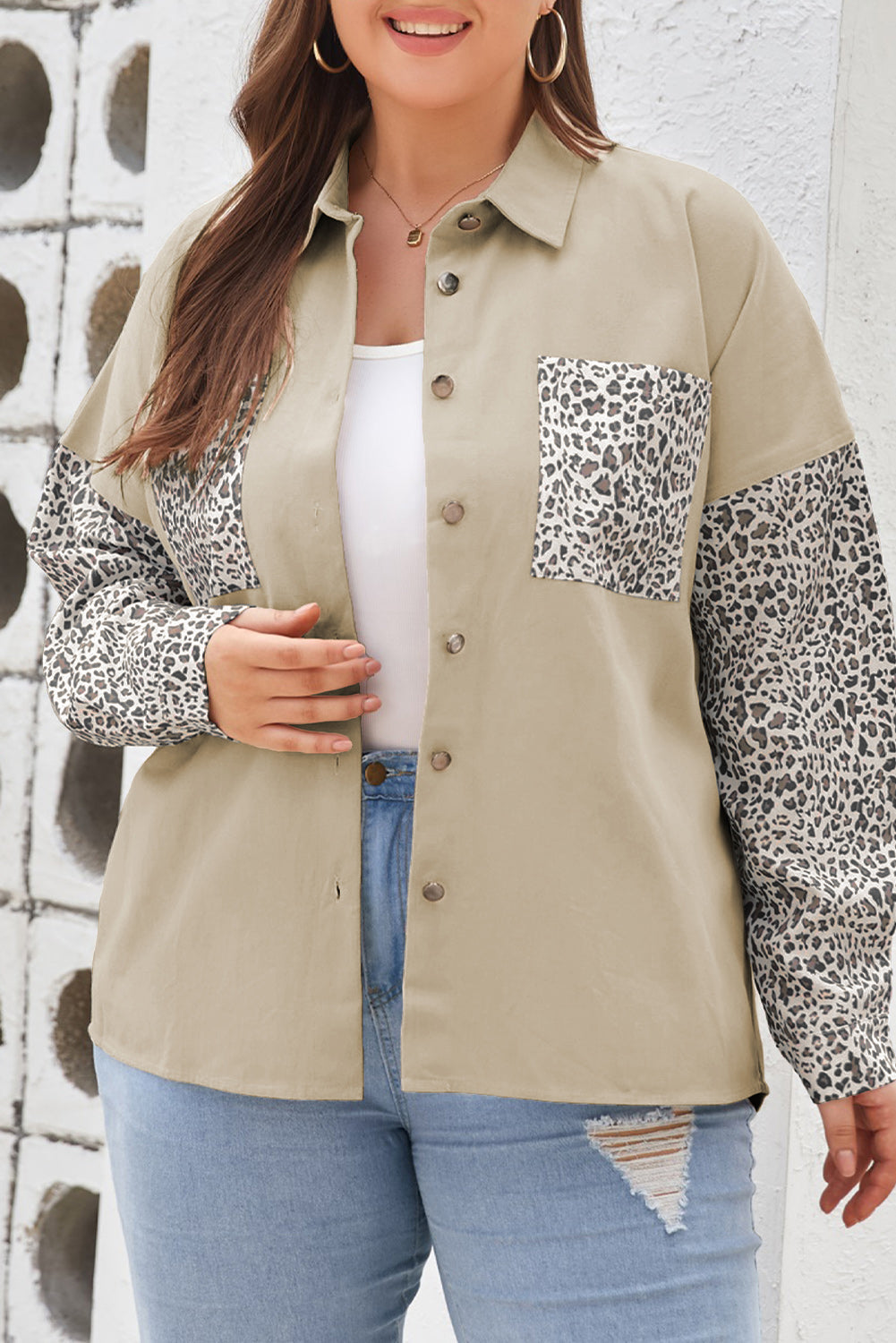 Khaki Plus Size Leopard Patchwork Shacket