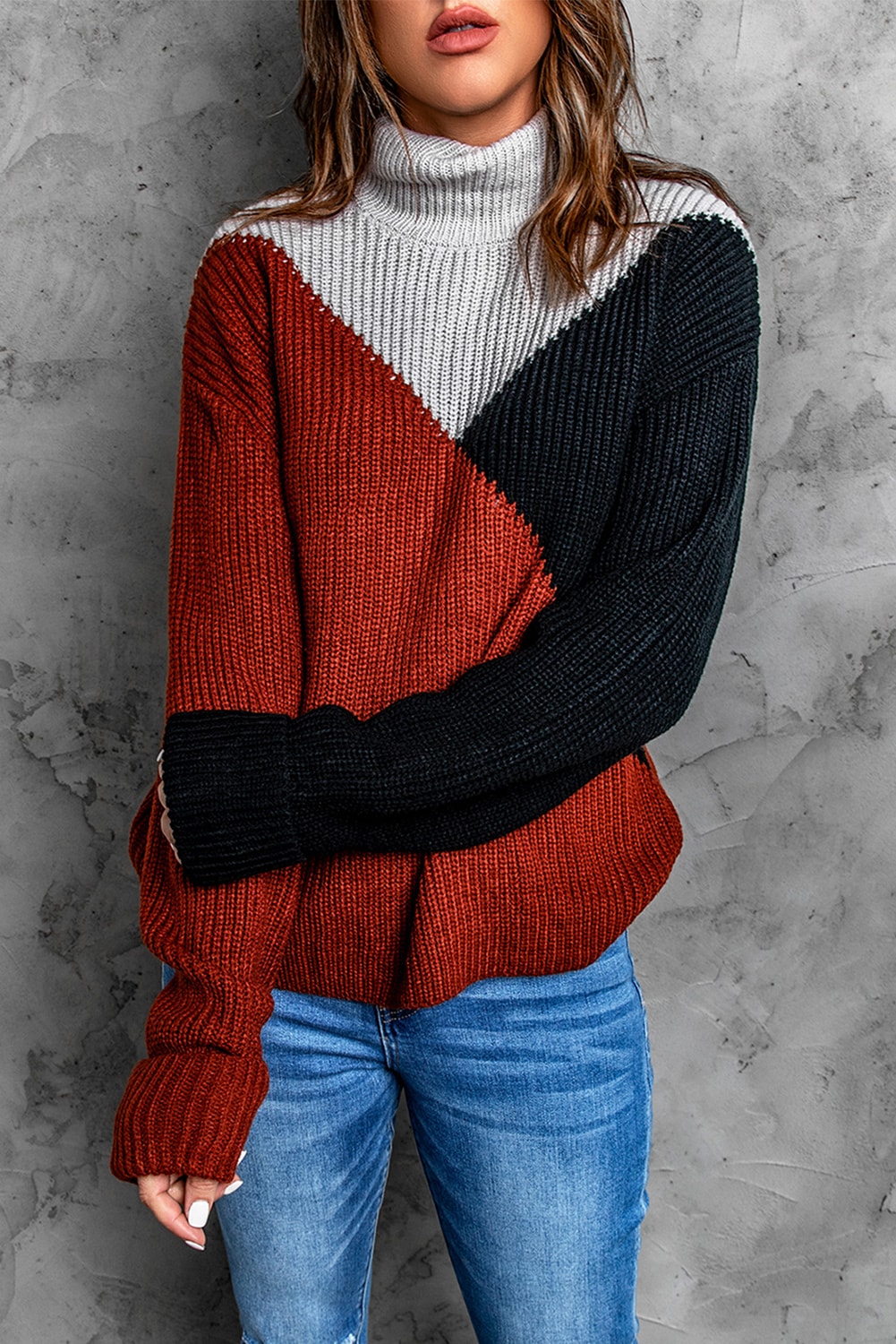 Black Color Block Drop Shoulder Turtleneck Sweater