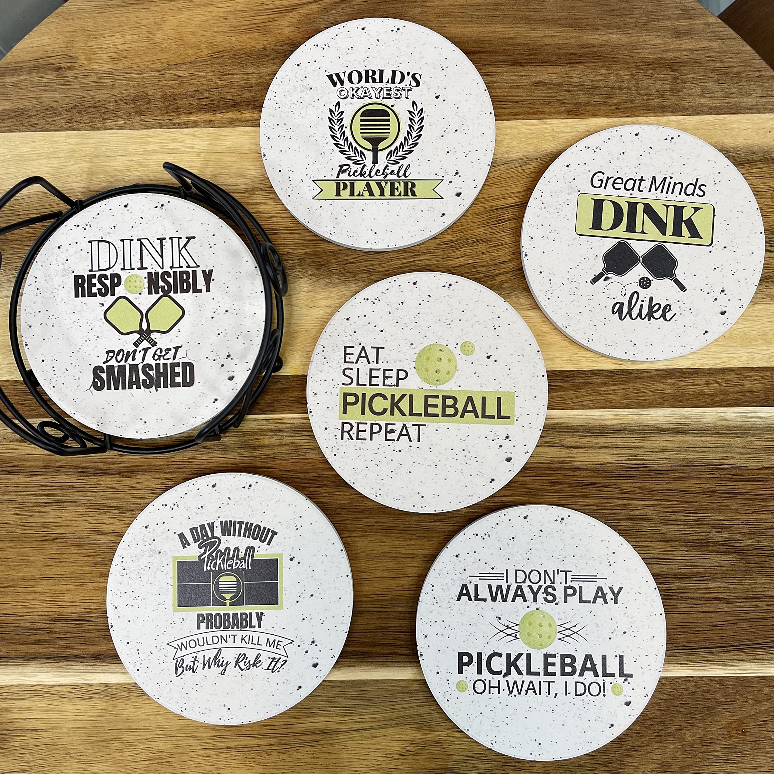 KCT Store Pickleball Gifts for Women and Men - Appreciation Gifts - Absorbent Ceramic Coasters 6pc - Metal Holder & Cylinder Kraft Gift Box Included