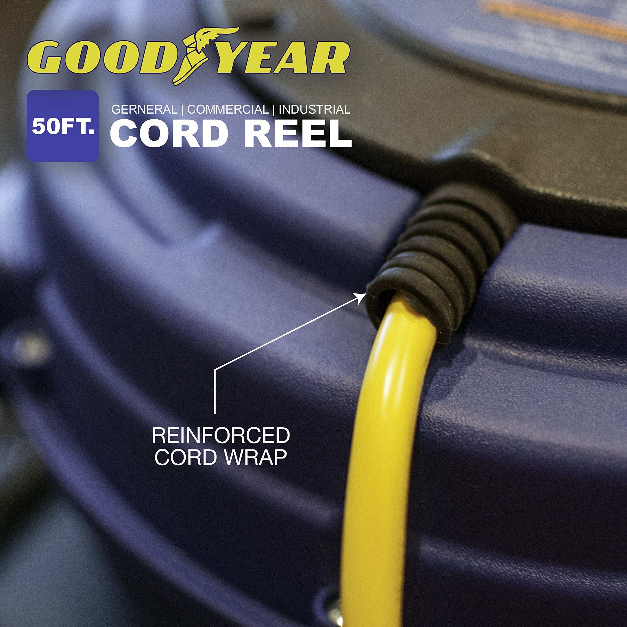 Goodyear Extension Cord Reel Retractable 16AWG x 50' Foot 3C/SJTOW Commercial Cable LED Triple Tap Connector Power 10A 125VAC 938W