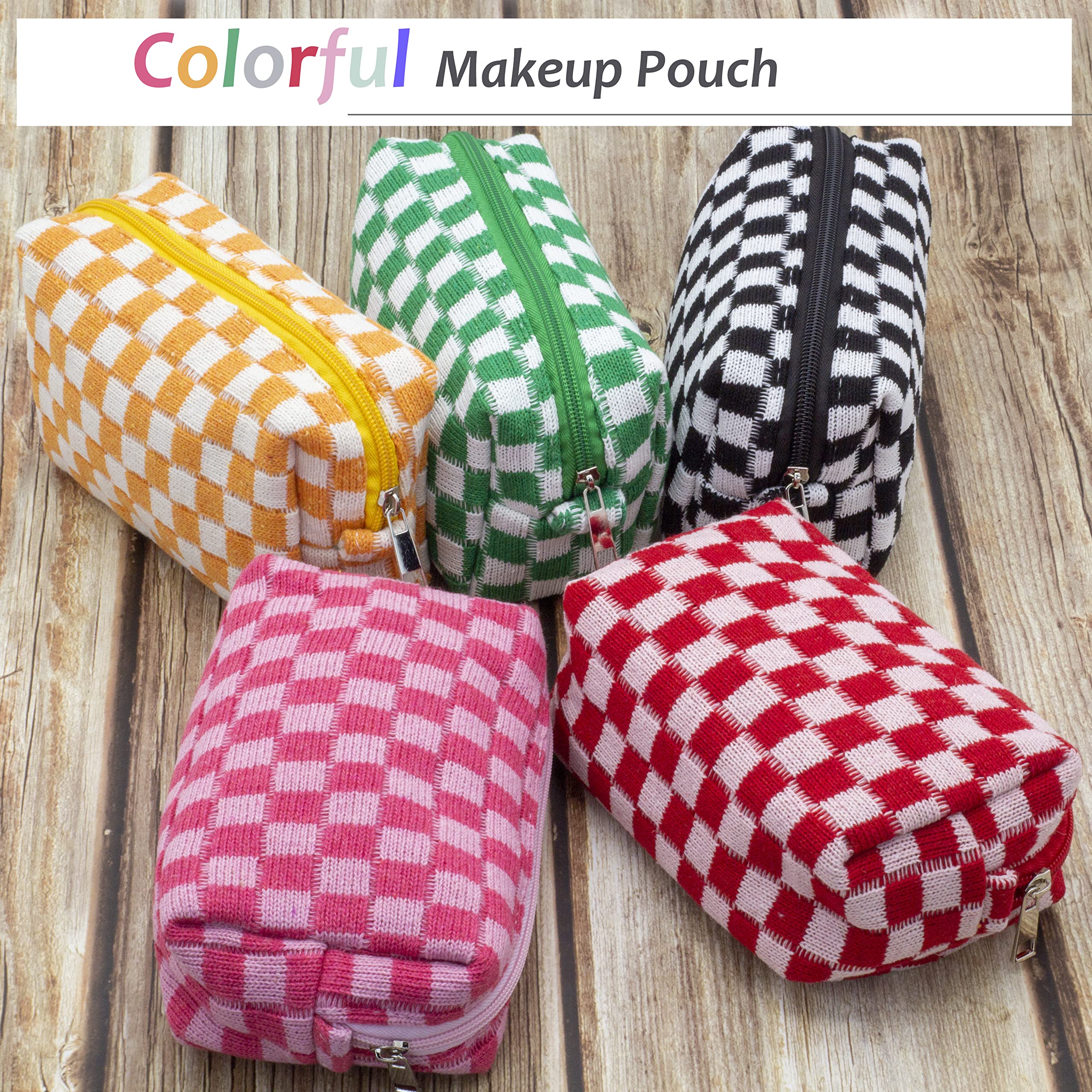 PAZIMIIK Checkered Makeup Bag for Purse Portable Zipper Make Up Pouch Small Cosmetic Case for Travel Accessories (Hotpink)