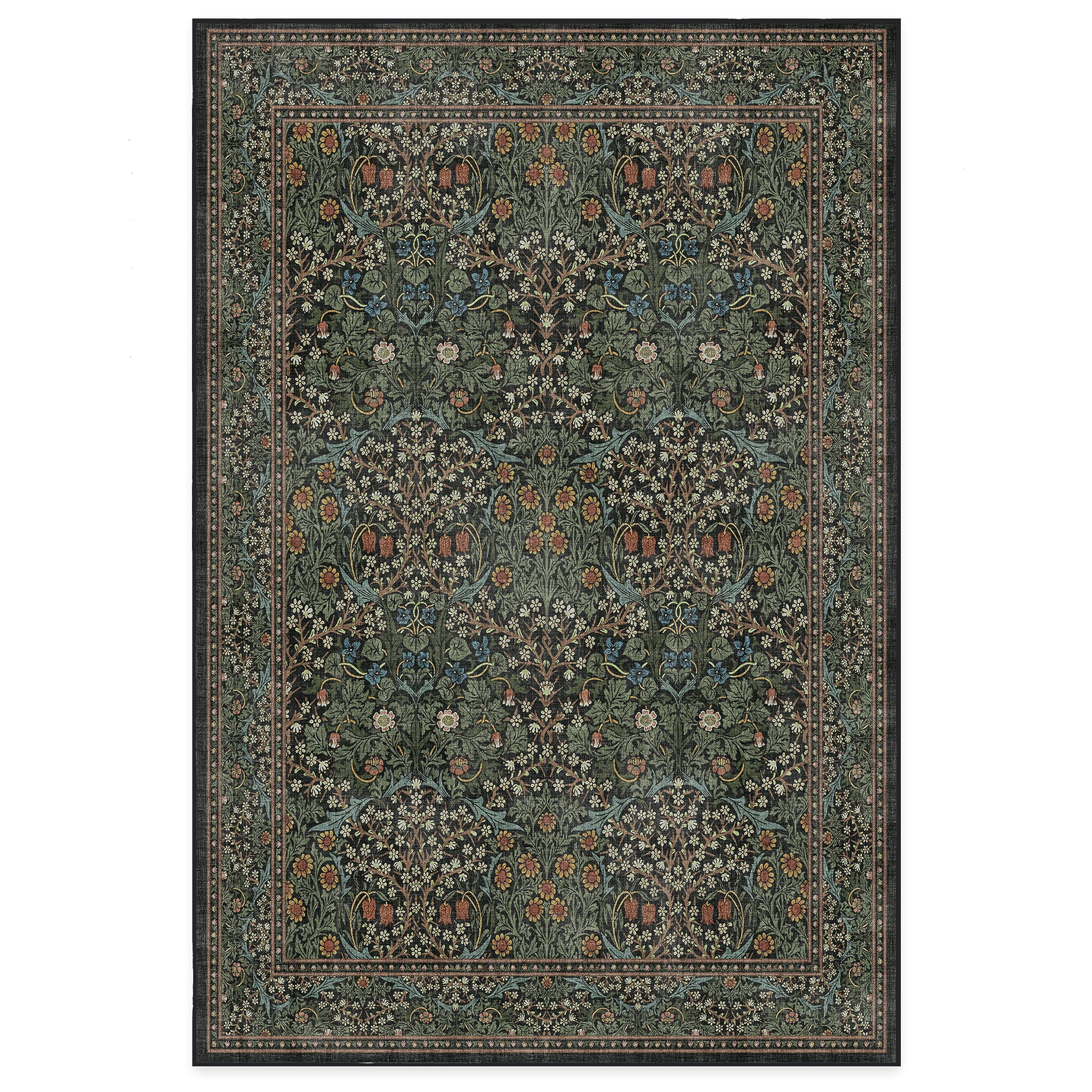 RUGGABLE x Morris & Co Washable Rug - Perfect Bohemian Area Rug for Living Room Bedroom Kitchen - Non-Slip, Child Friendly, Stain & Water Resistant - Blackthorn Forest Green 6'x9' (Standard Pad)